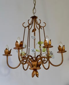 Italian Brass Chandelier with Porcelain Flowers