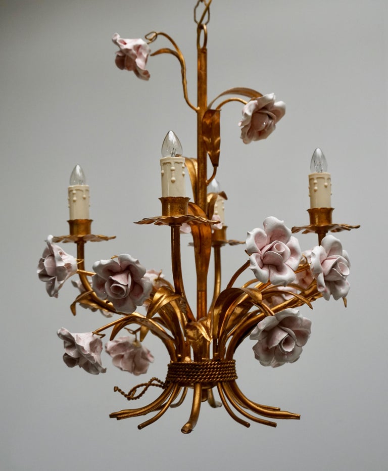 Hollywood Regency Italian Brass Chandelier with Porcelain Flowers For Sale