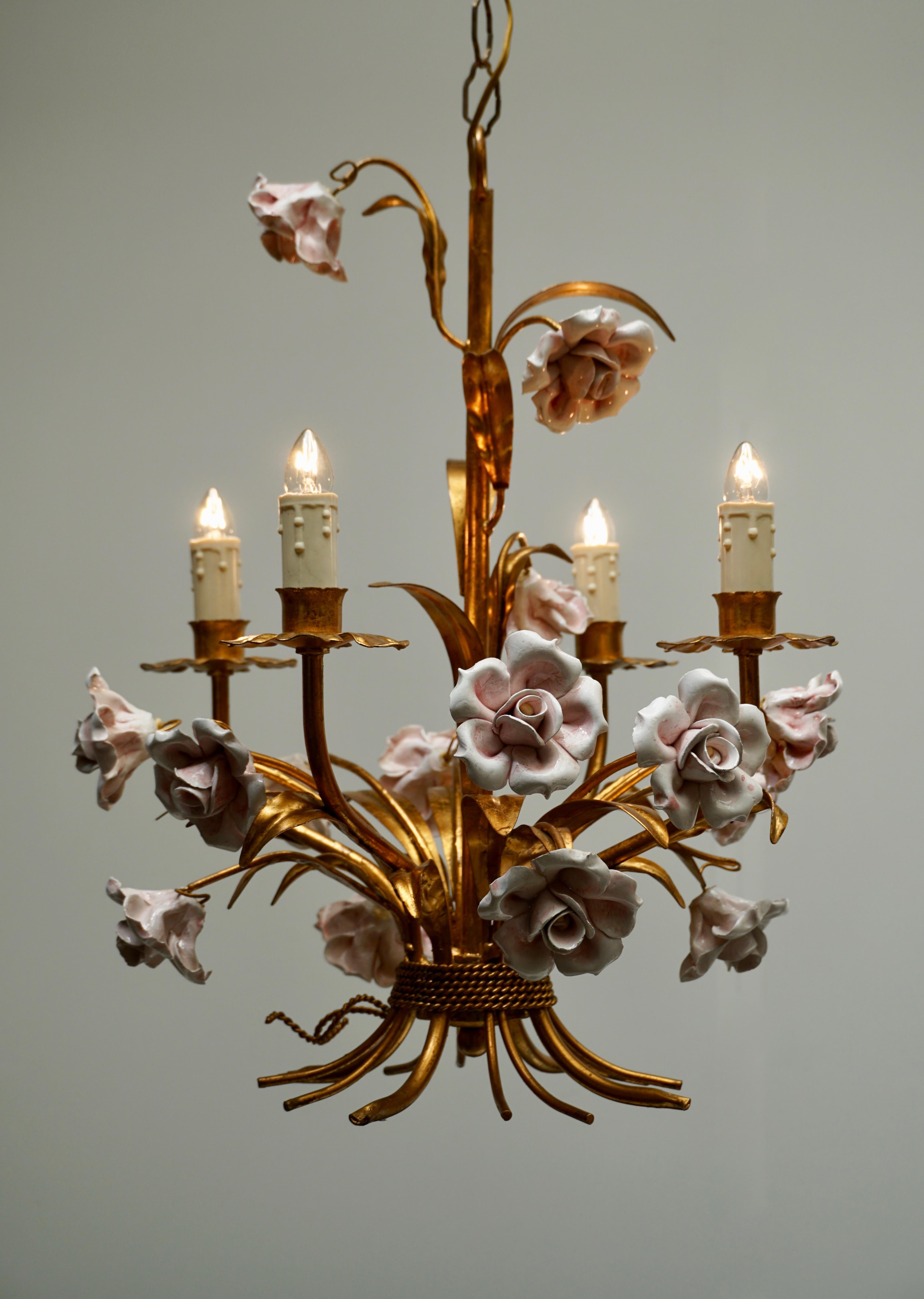 Hollywood Regency Italian Brass Chandelier with Porcelain Flowers
