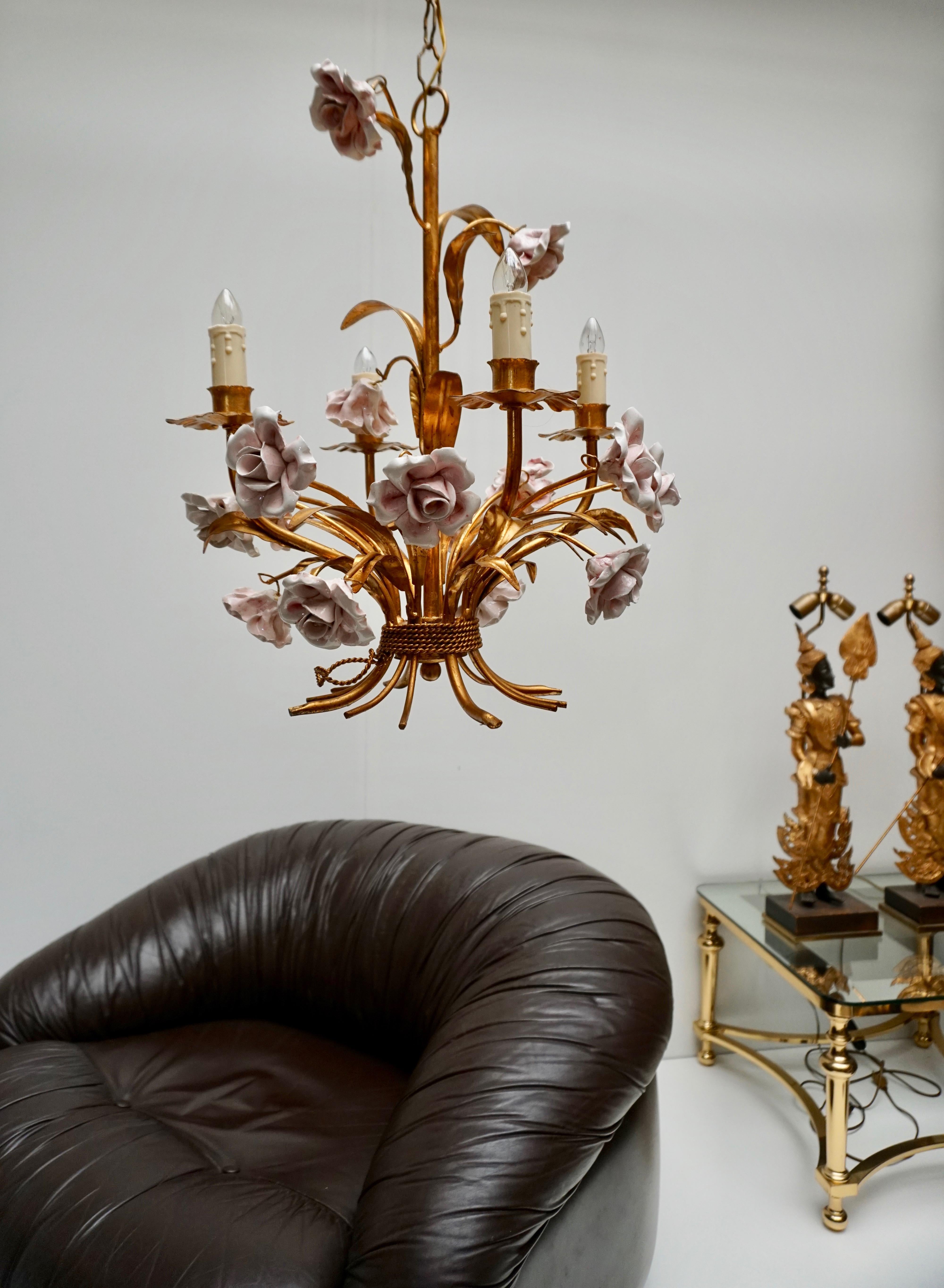 Gilt Italian Brass Chandelier with Porcelain Flowers