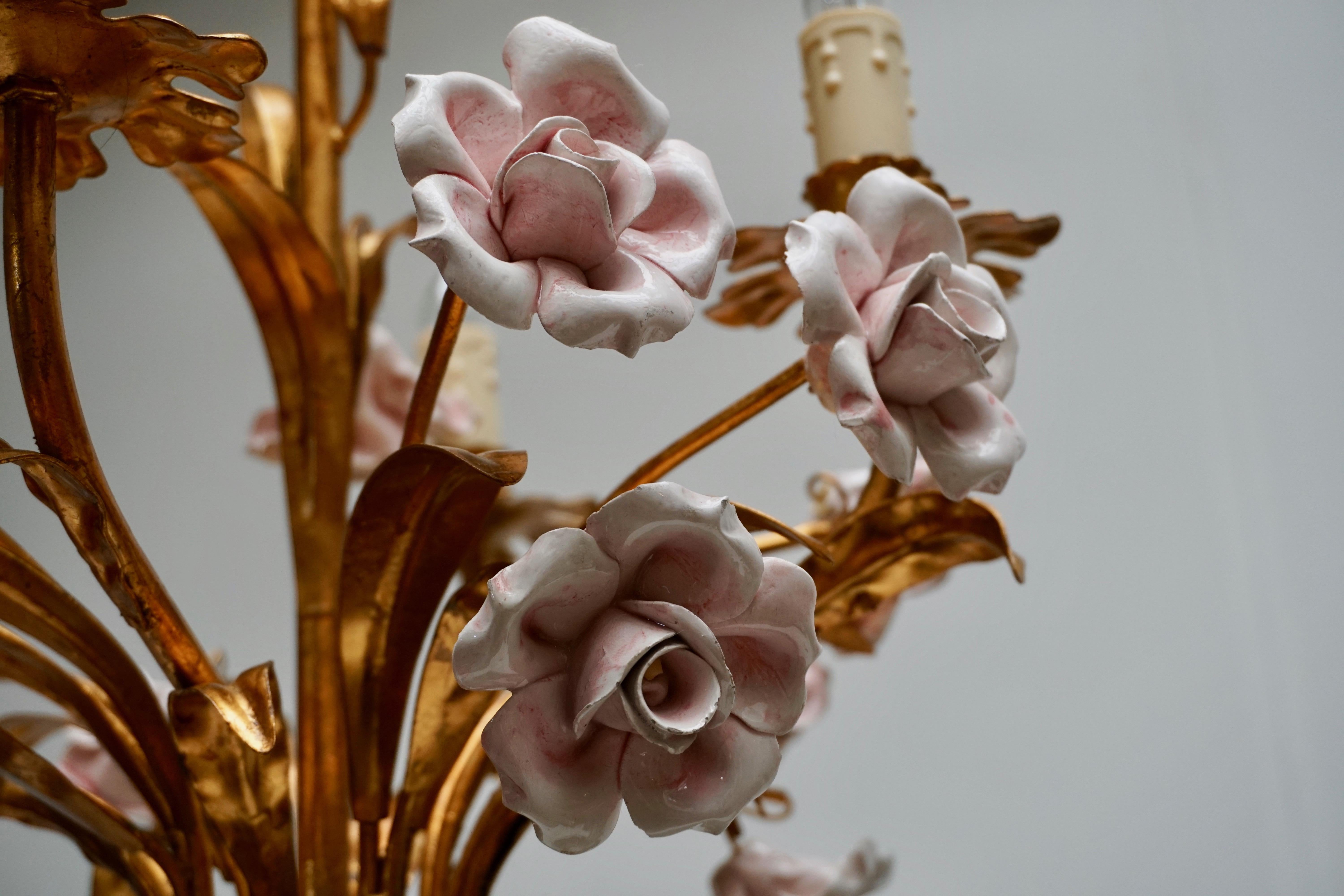 20th Century Italian Brass Chandelier with Porcelain Flowers