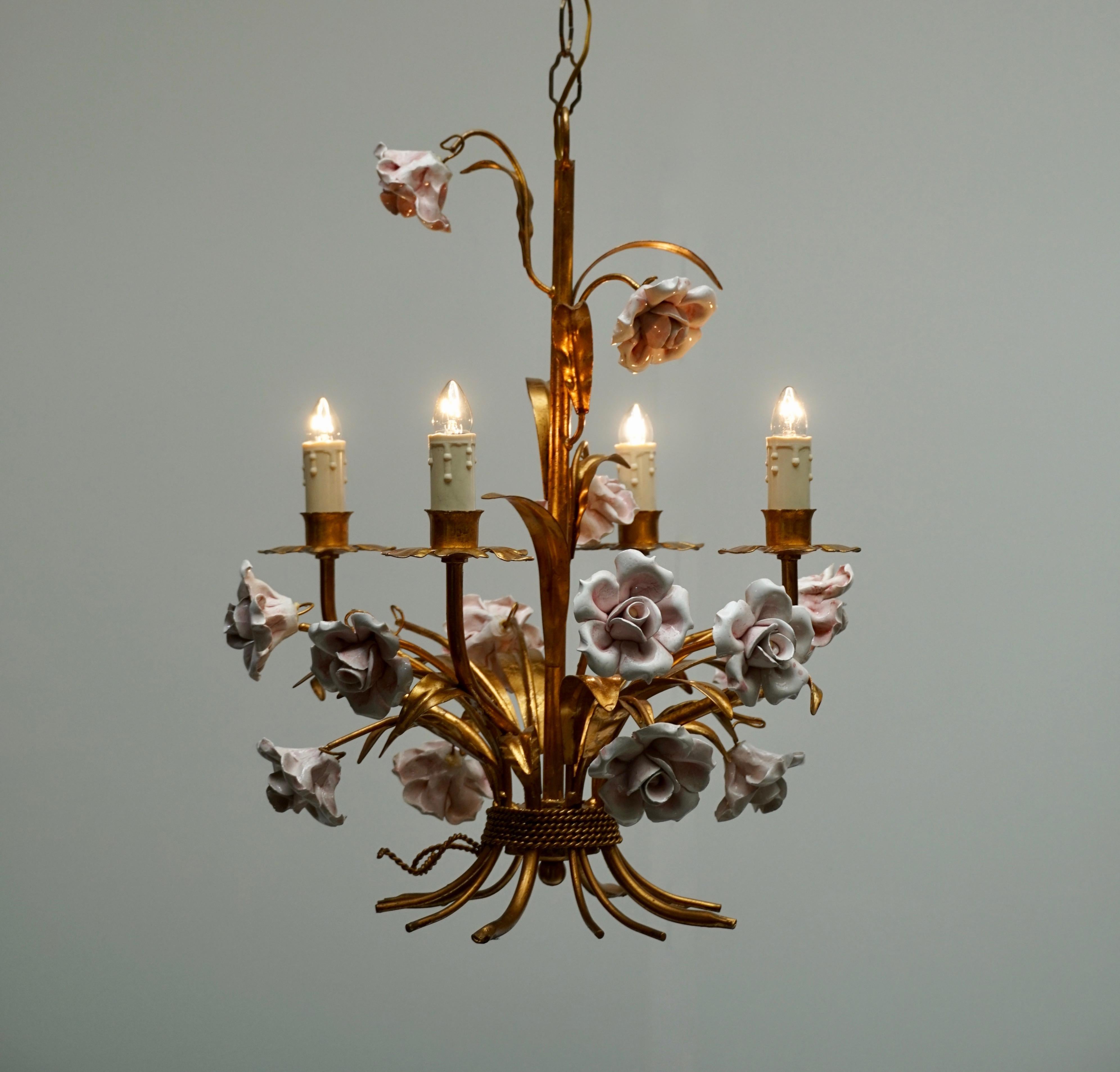 Italian Brass Chandelier with Porcelain Flowers 2