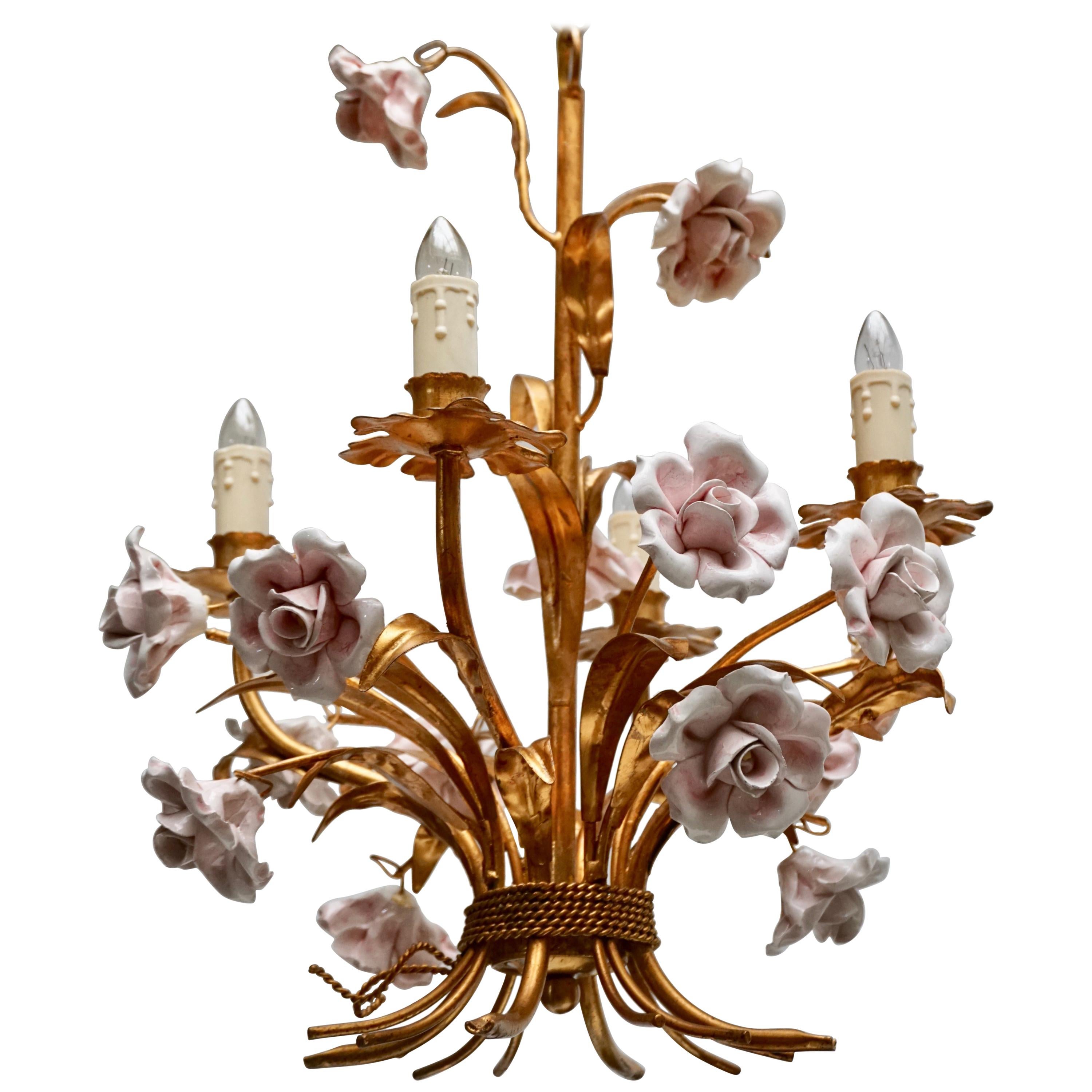 Italian Brass Chandelier with Porcelain Flowers