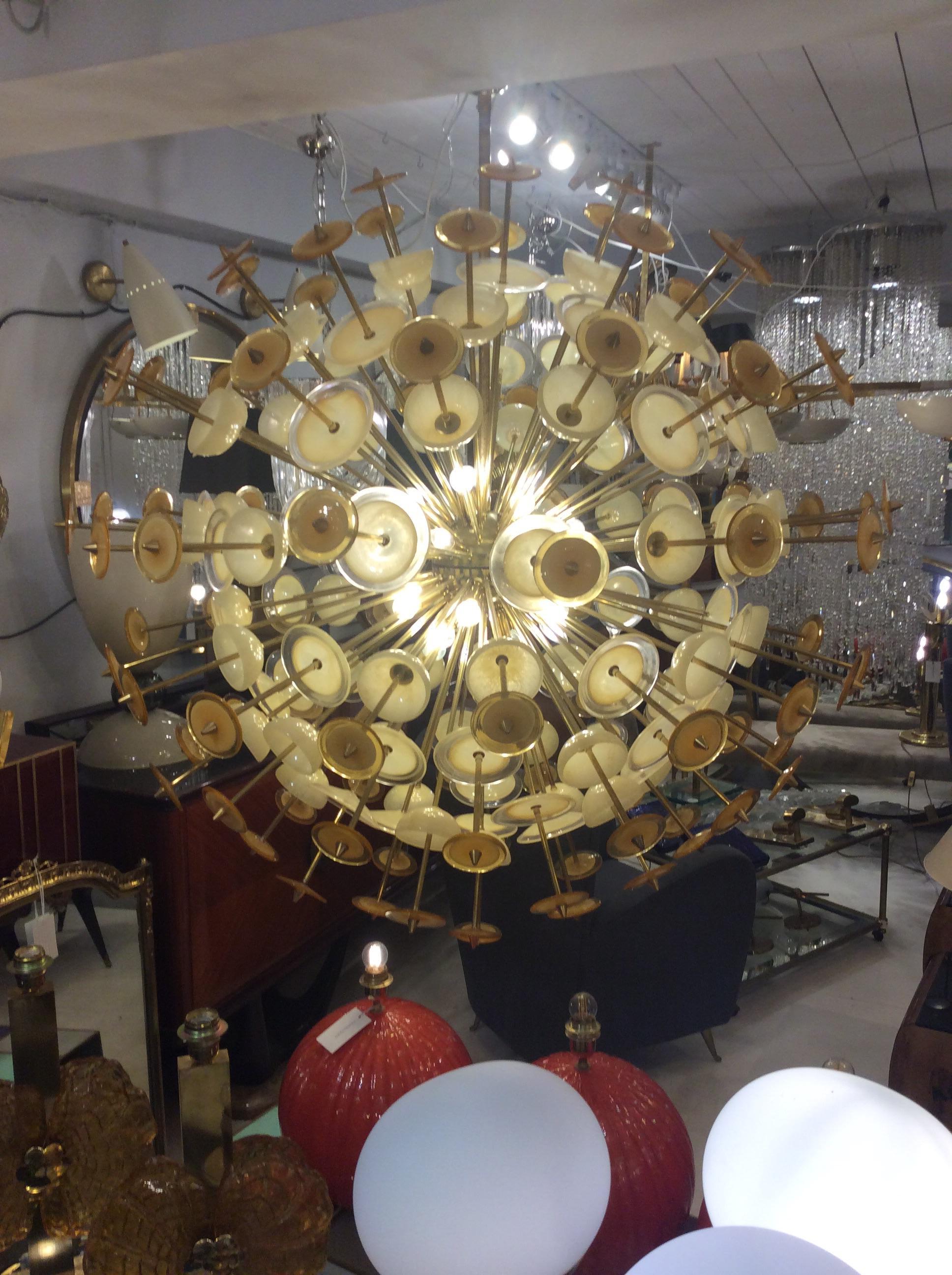 Late 20th Century Italian Brass Chandelier with Amber Murano Glass For Sale