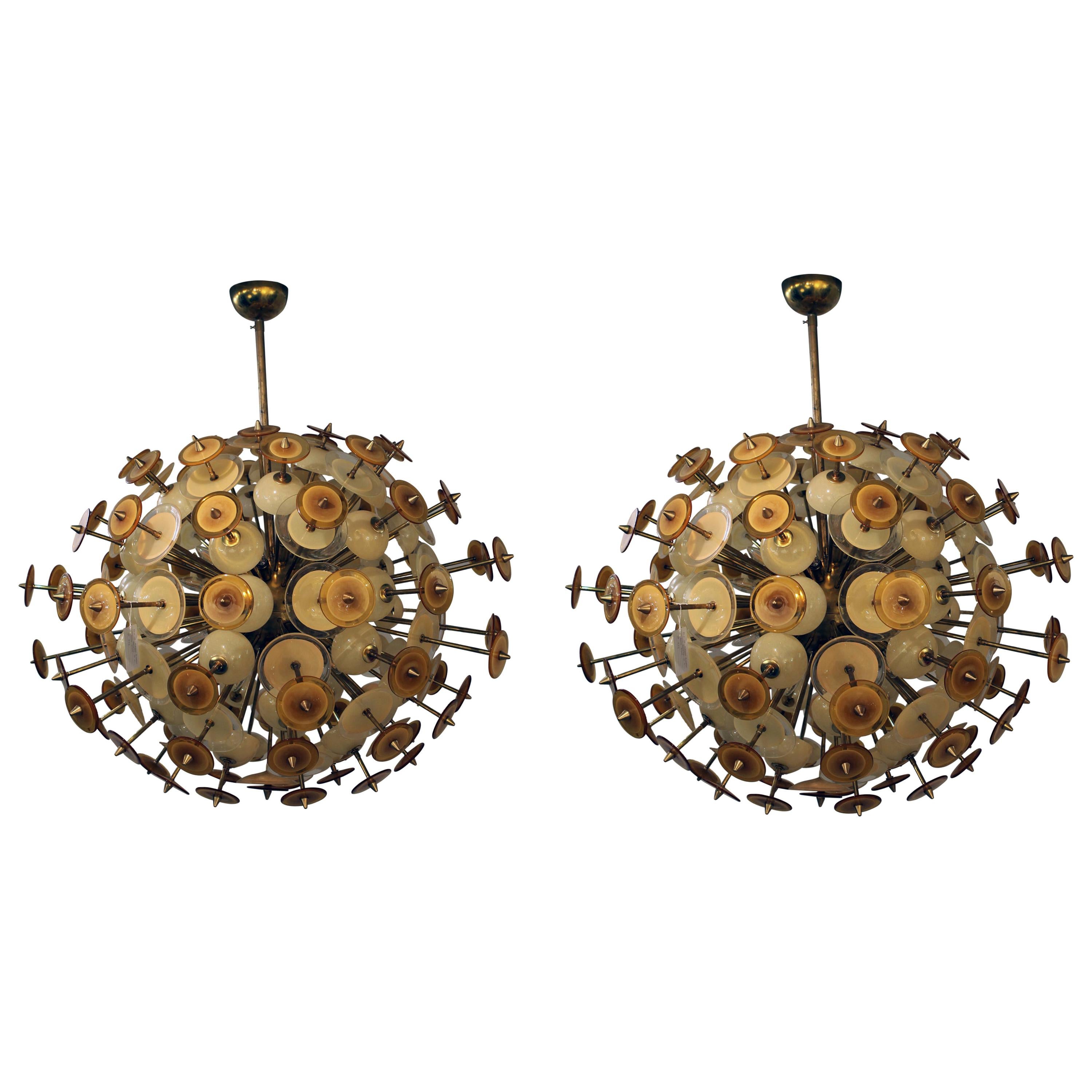 Italian Brass Chandelier with Amber Murano Glass