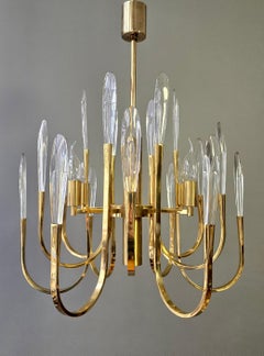 Italian Brass Chandelier with Solid Glass Flame Drops, Scolari Style, 1970s