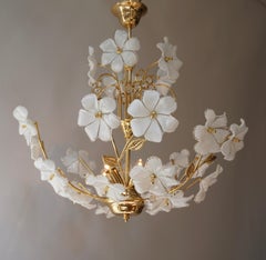 Italian Brass Chandelier with White Murano Glass and Crystal Flowers