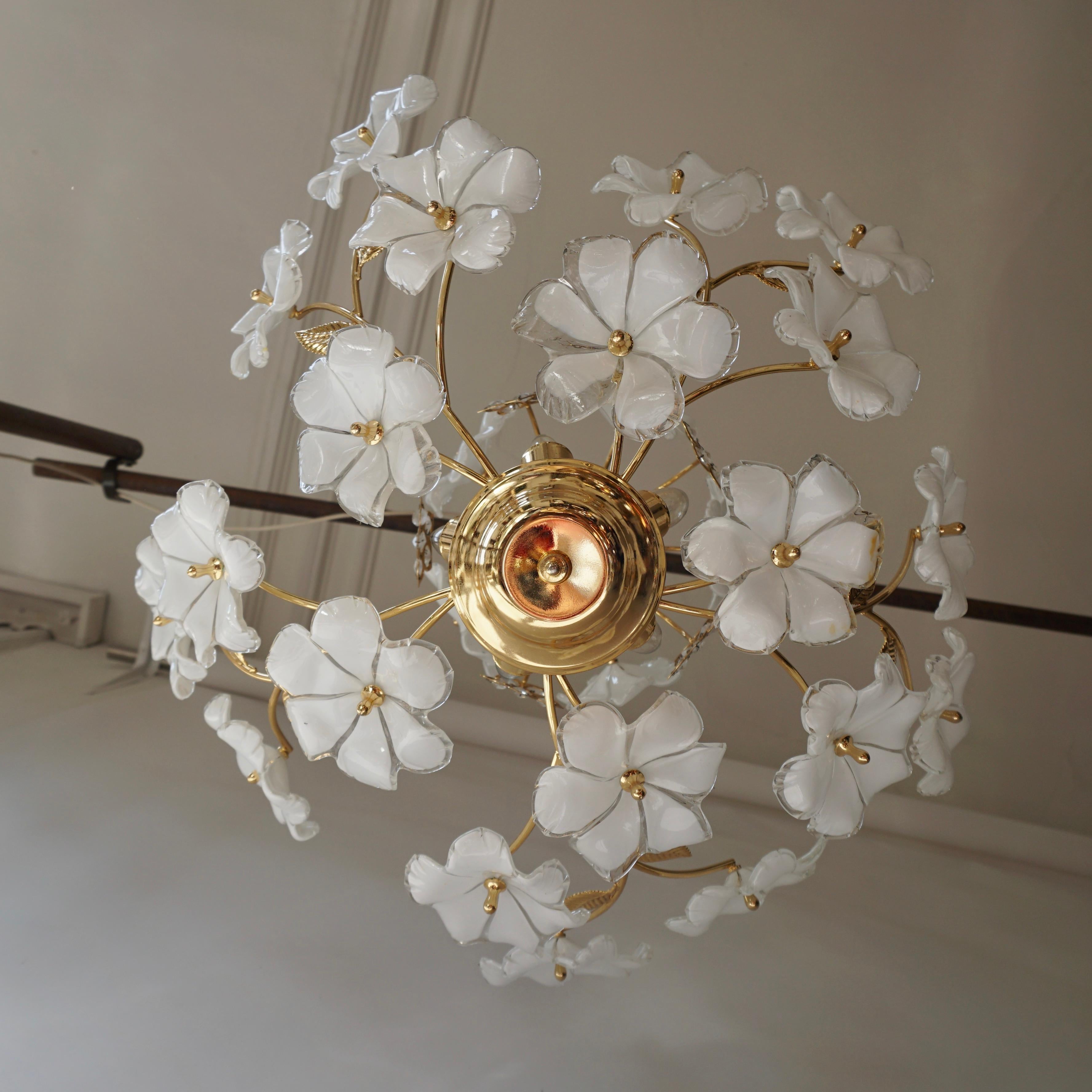 Mid-Century Modern Italian Brass Chandelier with White Murano Glass and Crystal Flowers