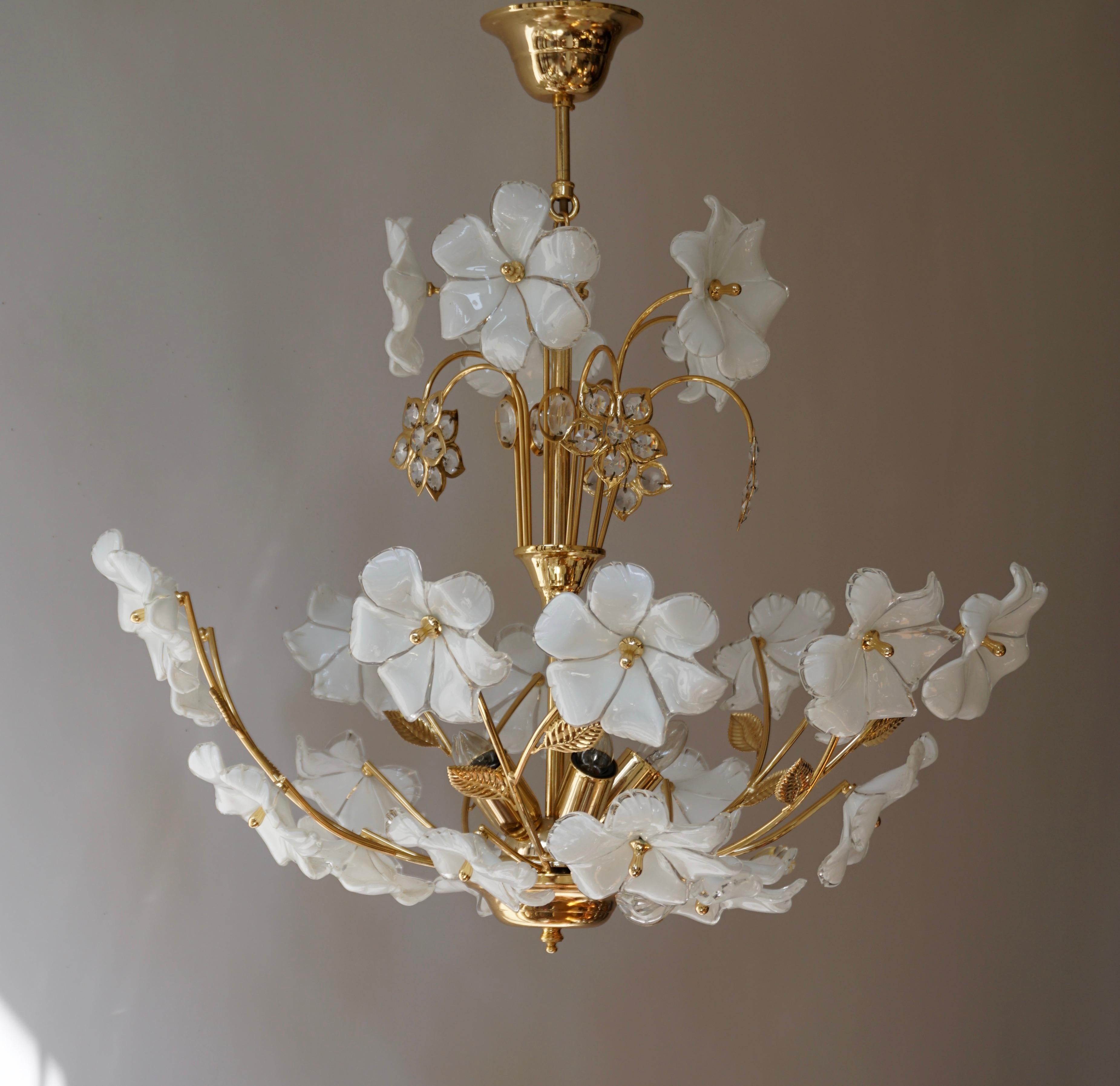 Italian Brass Chandelier with White Murano Glass and Crystal Flowers 1