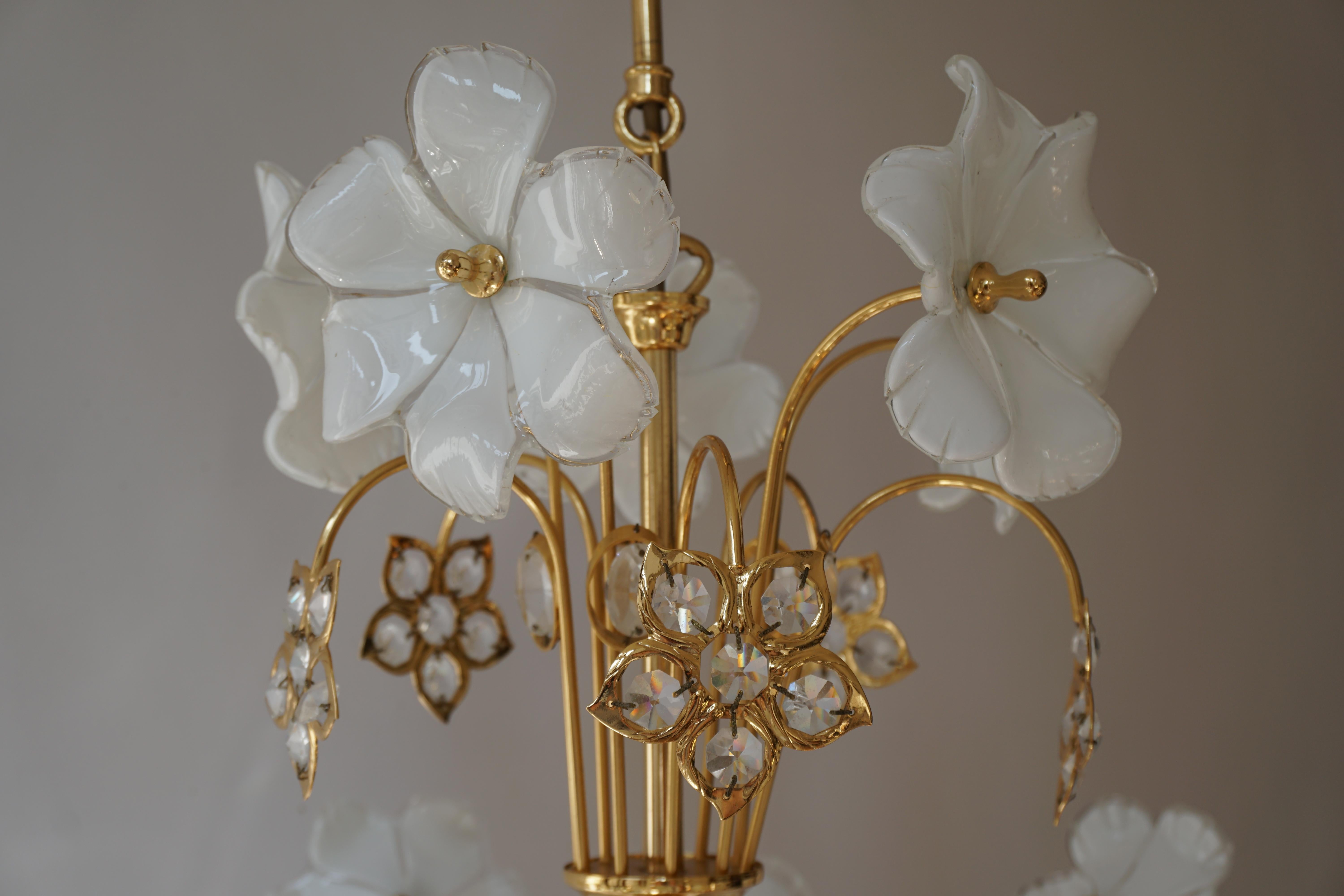 Italian Brass Chandelier with White Murano Glass and Crystal Flowers 2