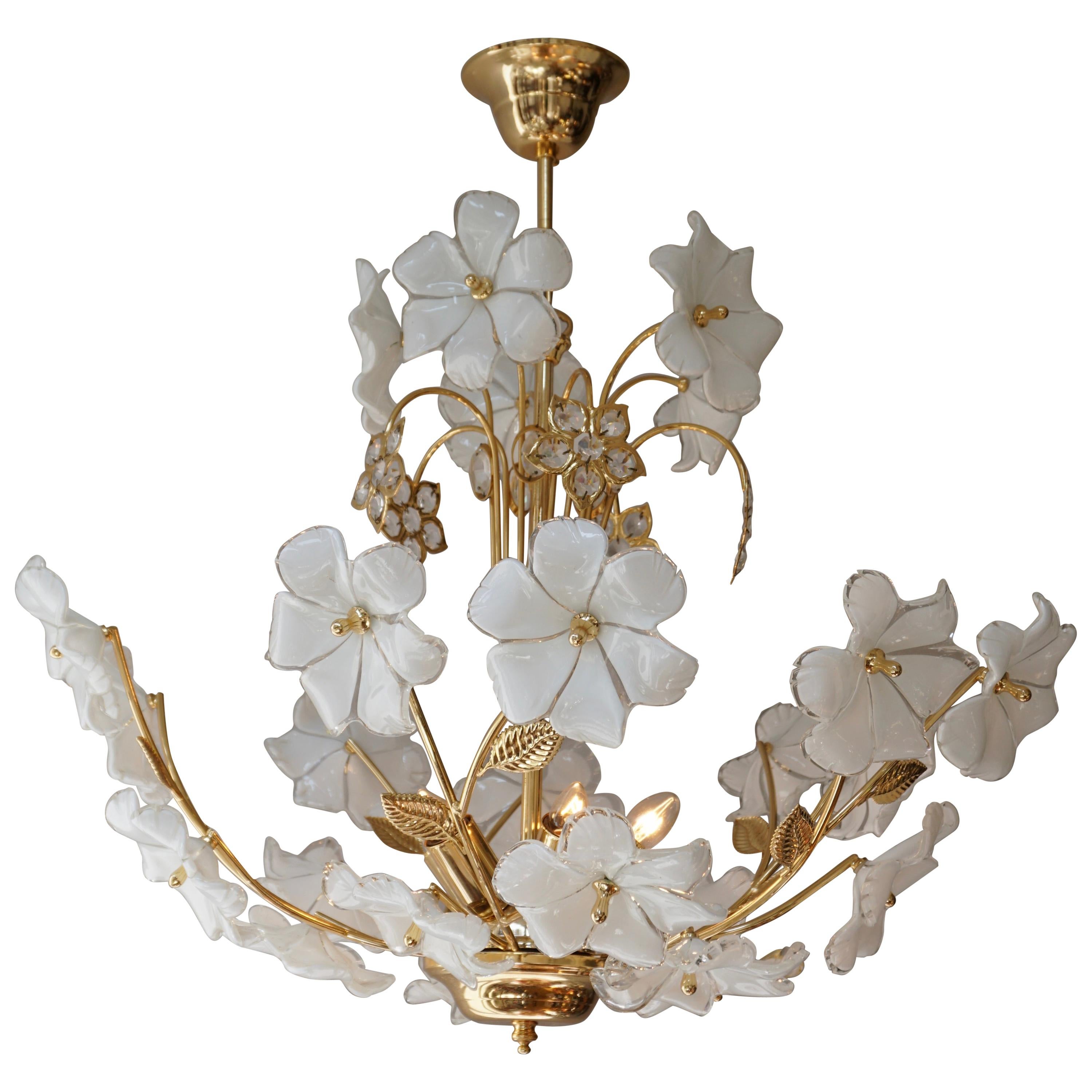 Italian Brass Chandelier with White Murano Glass and Crystal Flowers