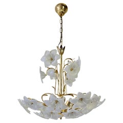 Italian Brass Chandelier with White Murano Glass Flowers