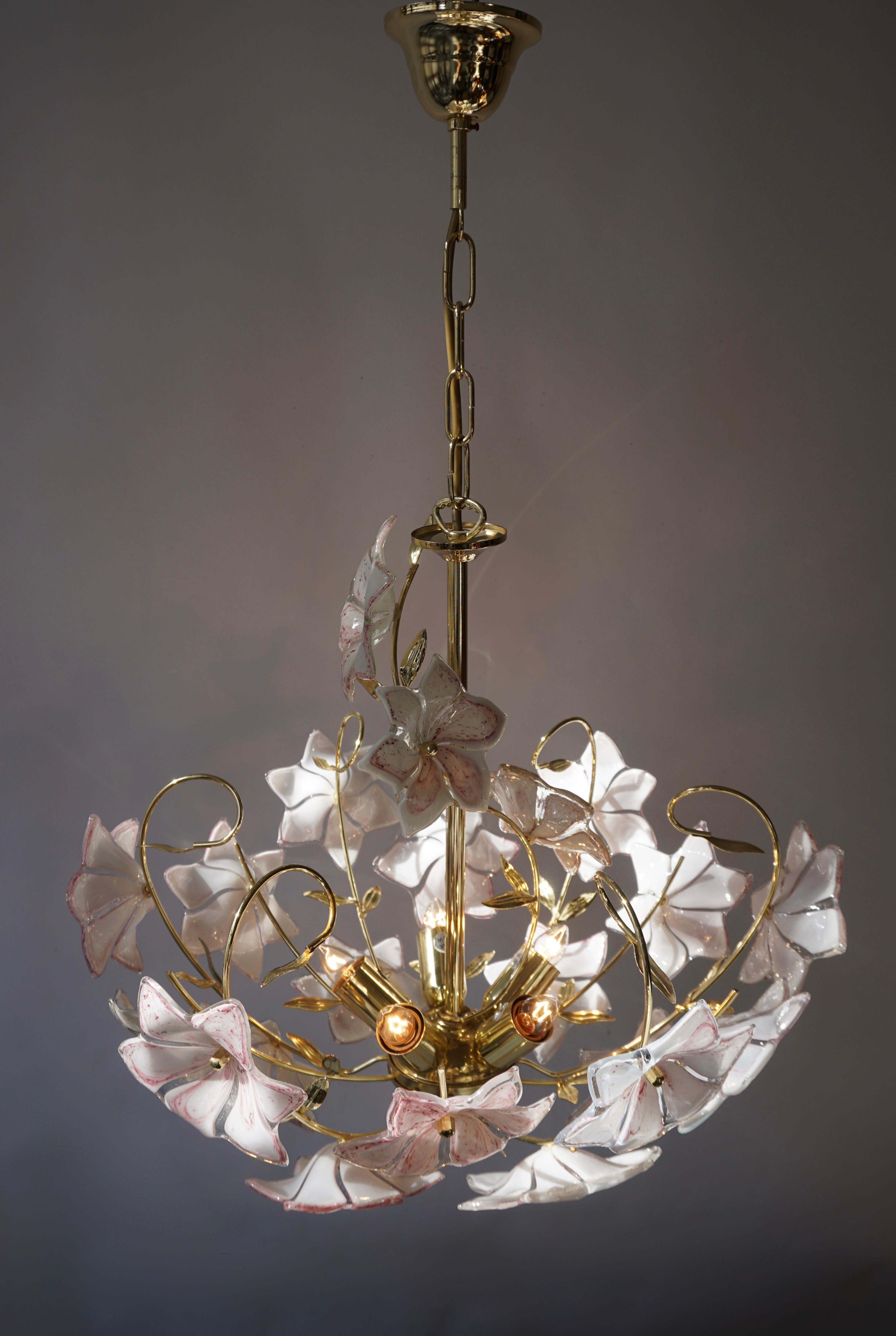 Italian Brass Chandelier with White Pink Colored Murano Glass Flowers 3