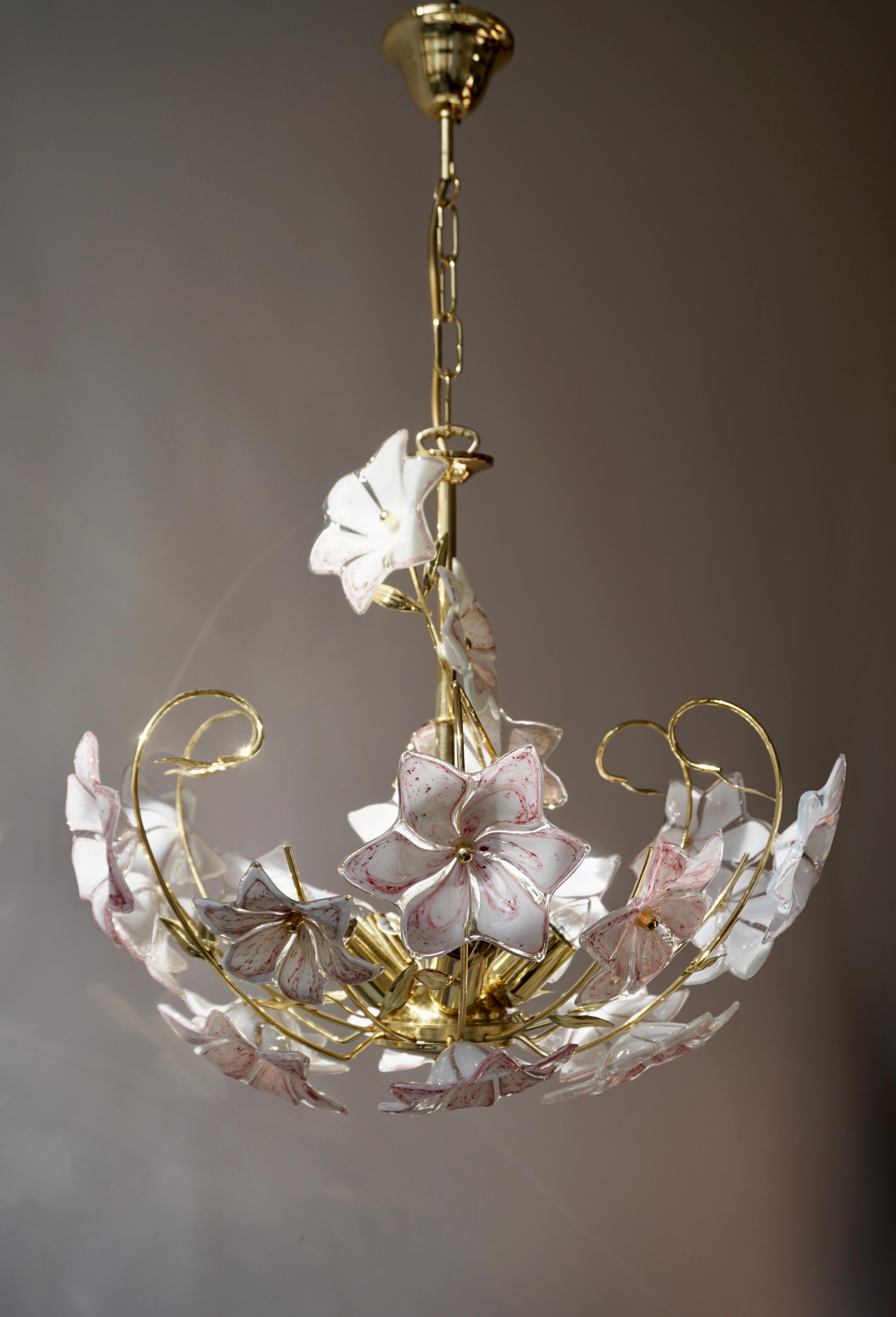Italian Brass Chandelier with White Pink Colored Murano Glass Flowers 4