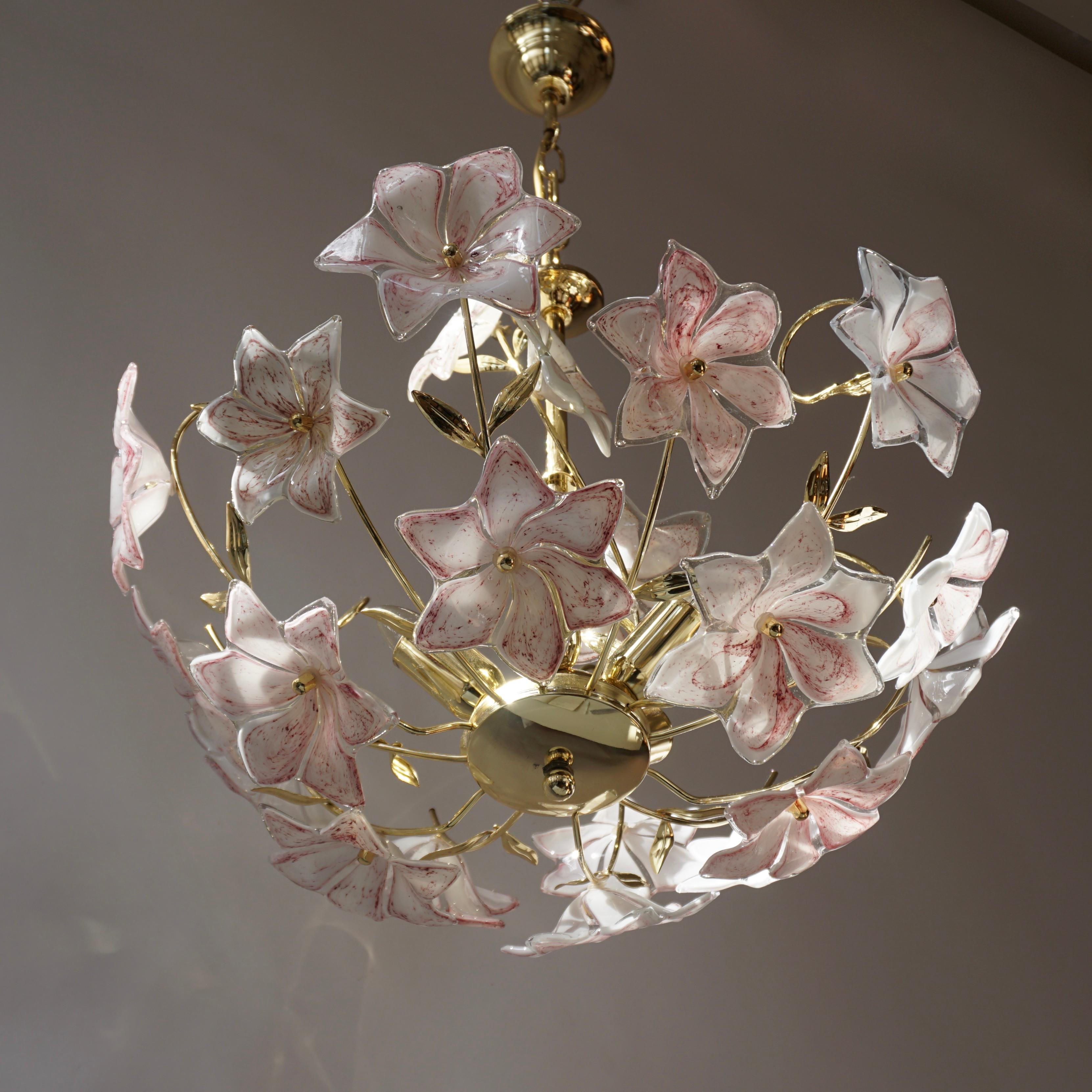 Italian Brass Chandelier with White Pink Colored Murano Glass Flowers 5
