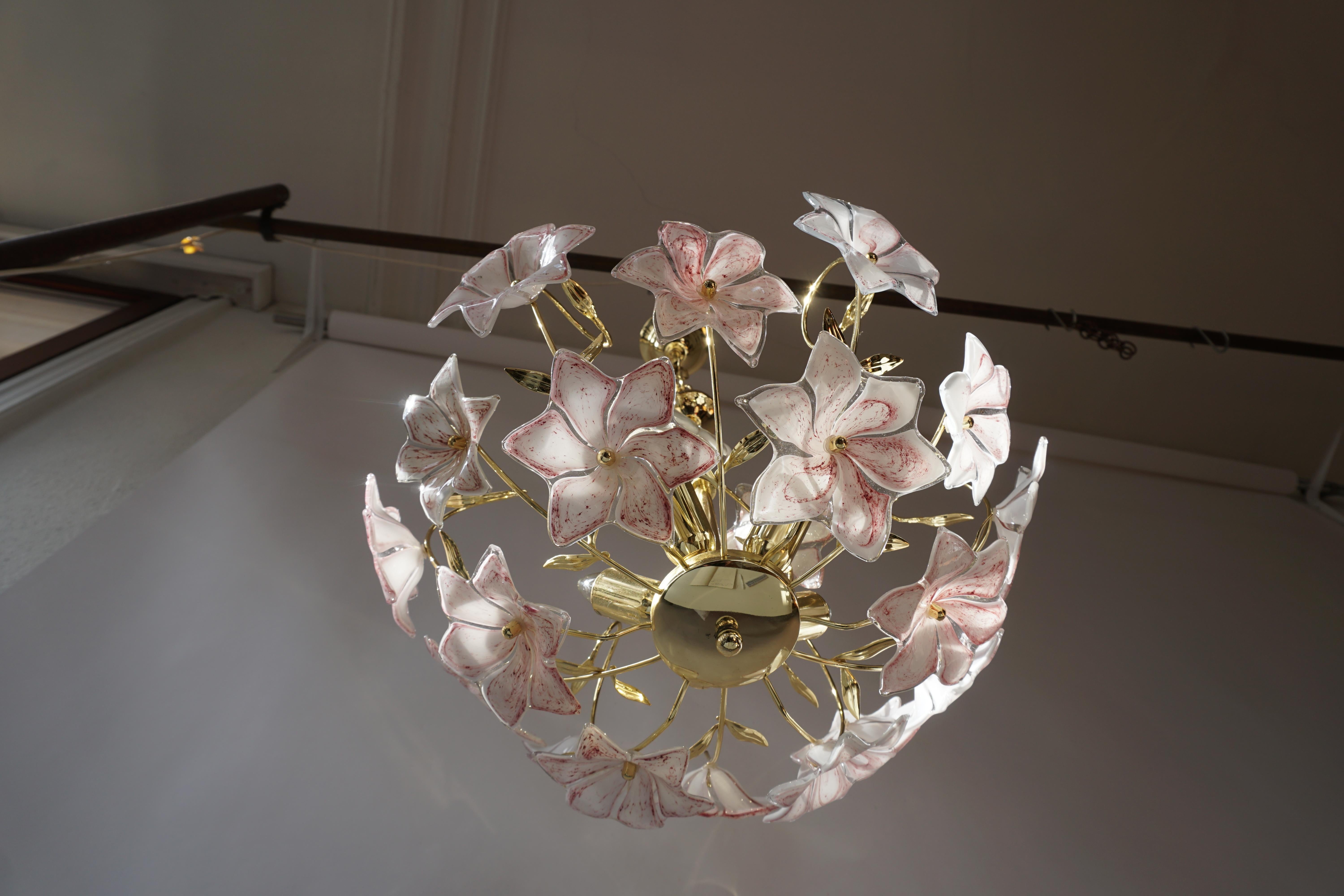 Italian Brass Chandelier with White Pink Colored Murano Glass Flowers 6