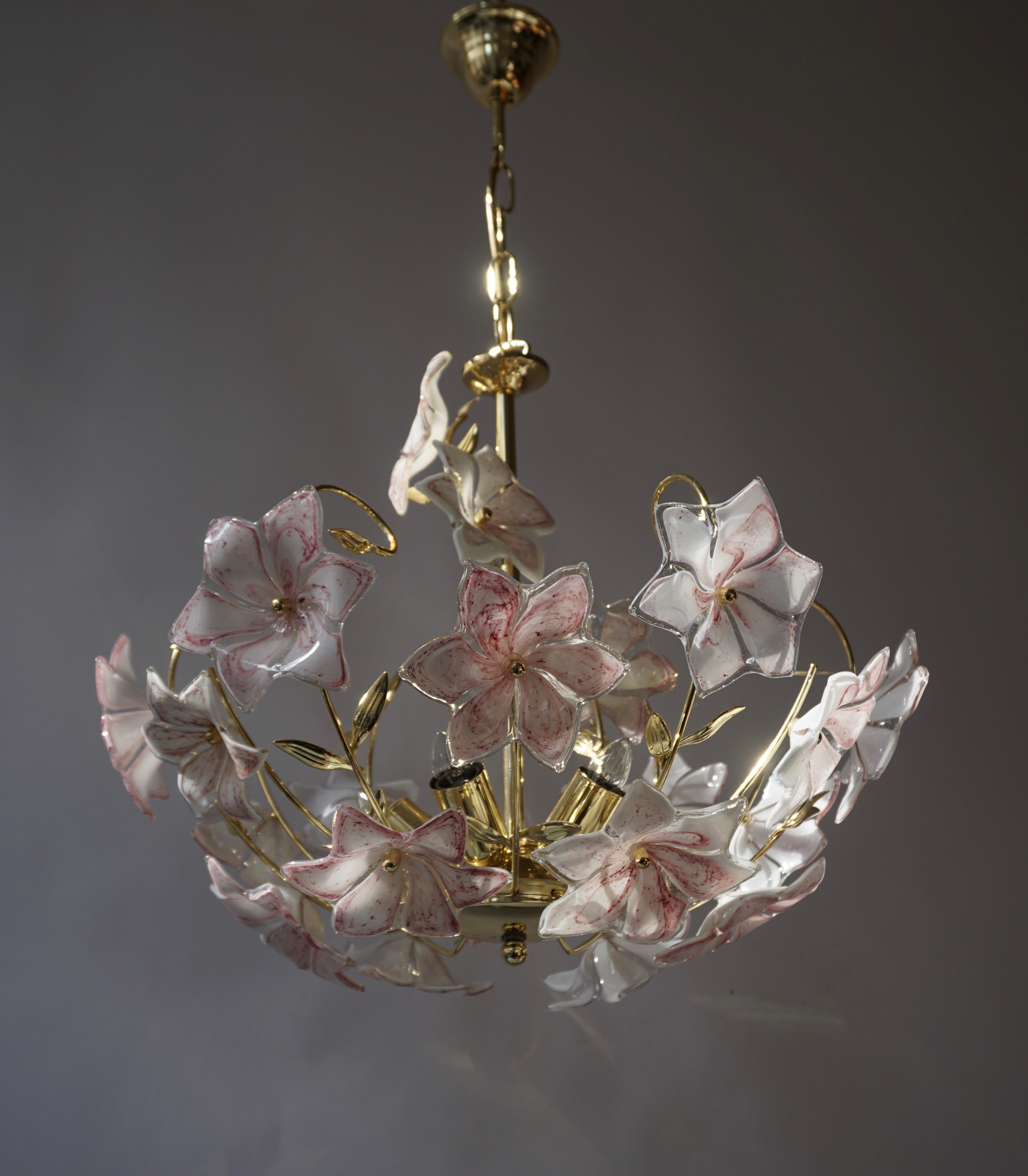 Italian Brass Chandelier with White Pink Colored Murano Glass Flowers 7