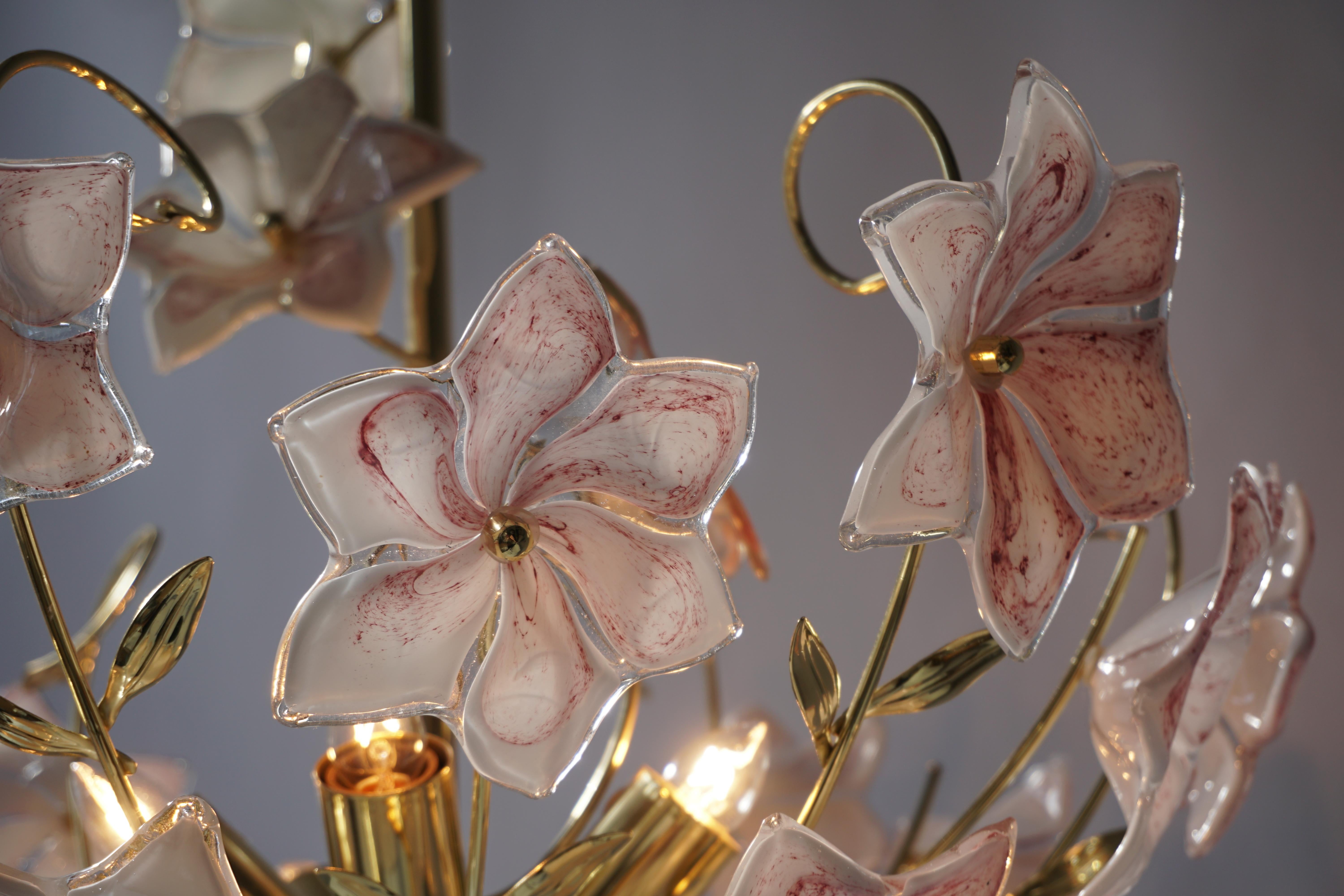 Italian Brass Chandelier with White Pink Colored Murano Glass Flowers 8