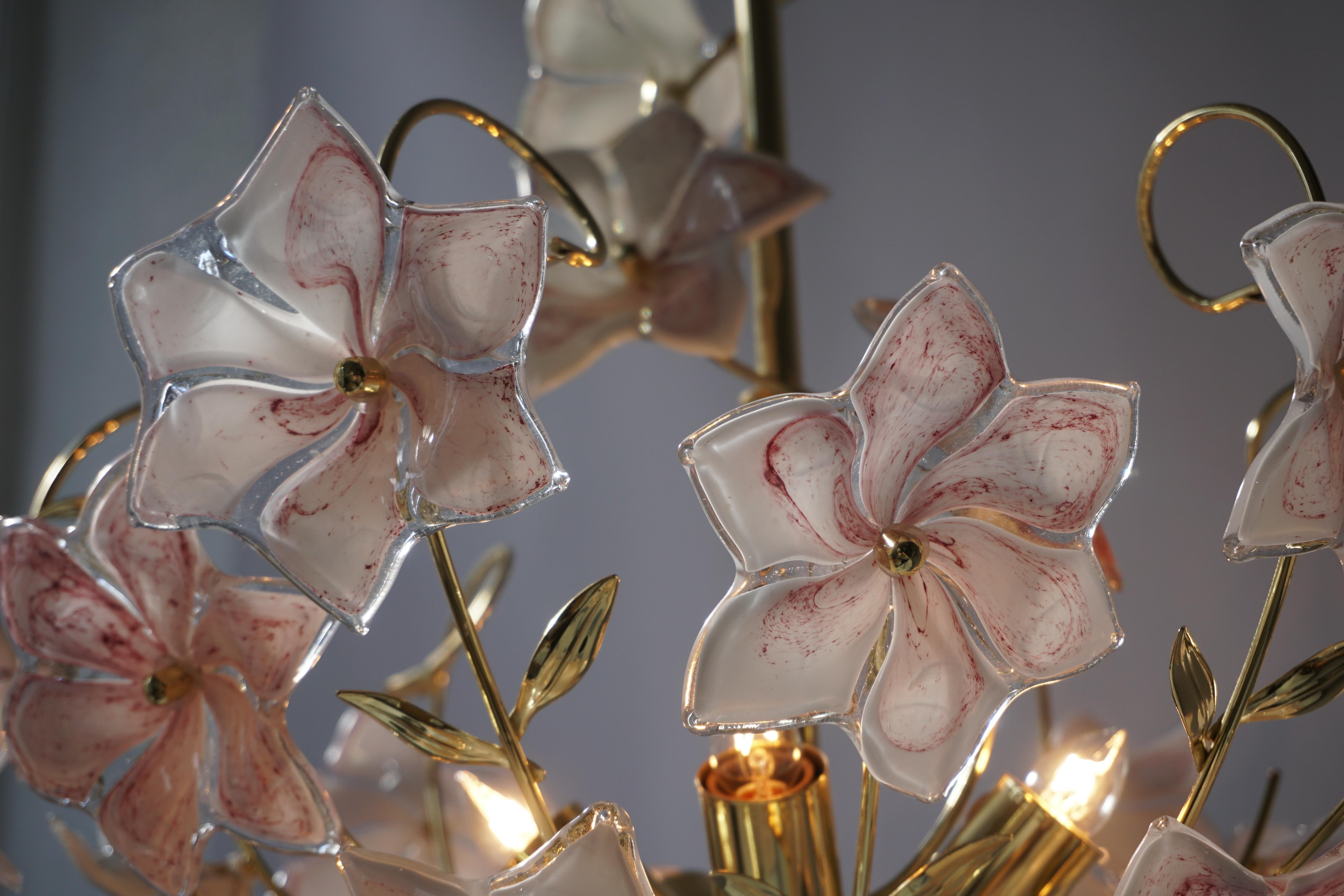 Italian Brass Chandelier with White Pink Colored Murano Glass Flowers 9