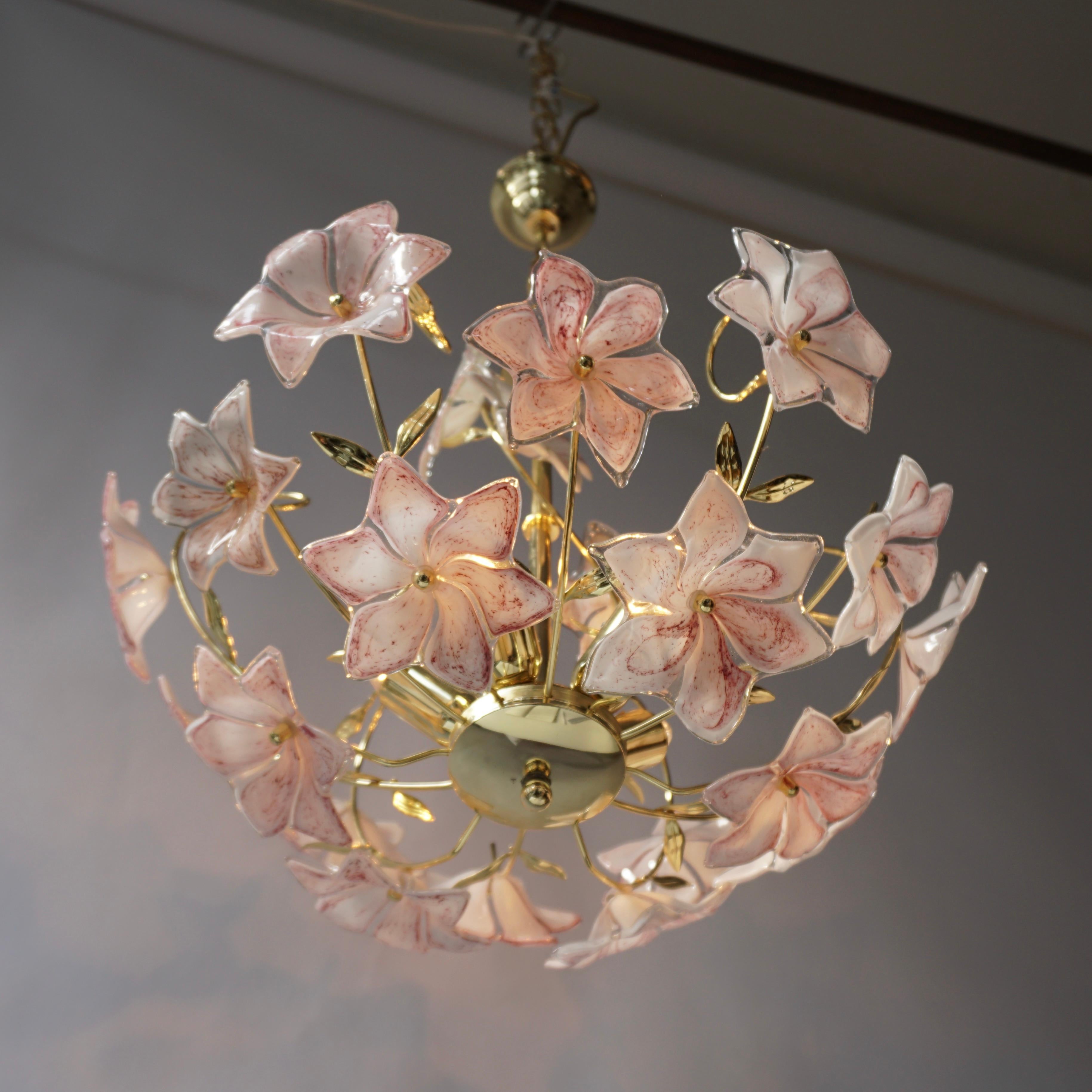 Hollywood Regency Italian Brass Chandelier with White Pink Colored Murano Glass Flowers