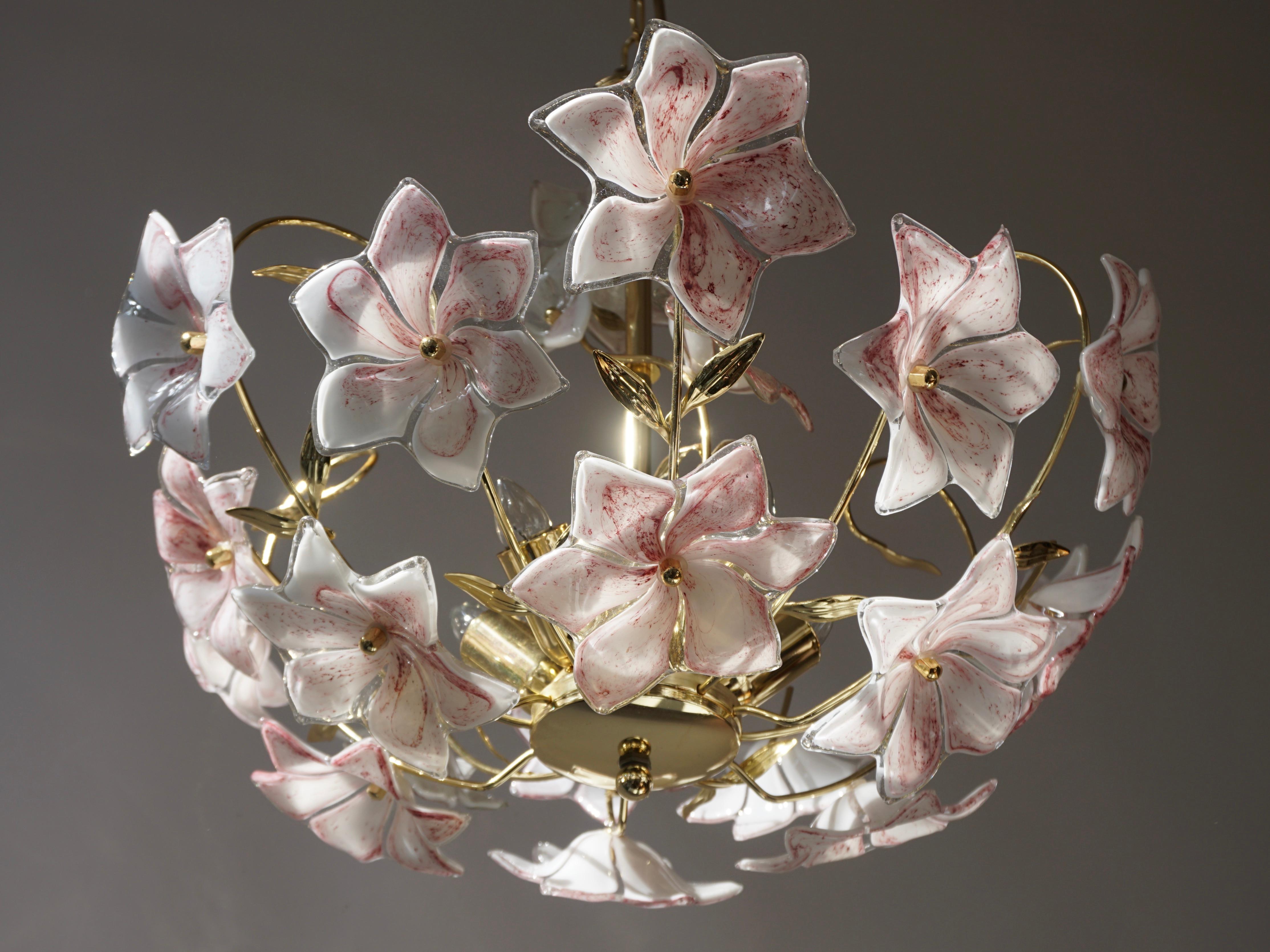 20th Century Italian Brass Chandelier with White Pink Colored Murano Glass Flowers