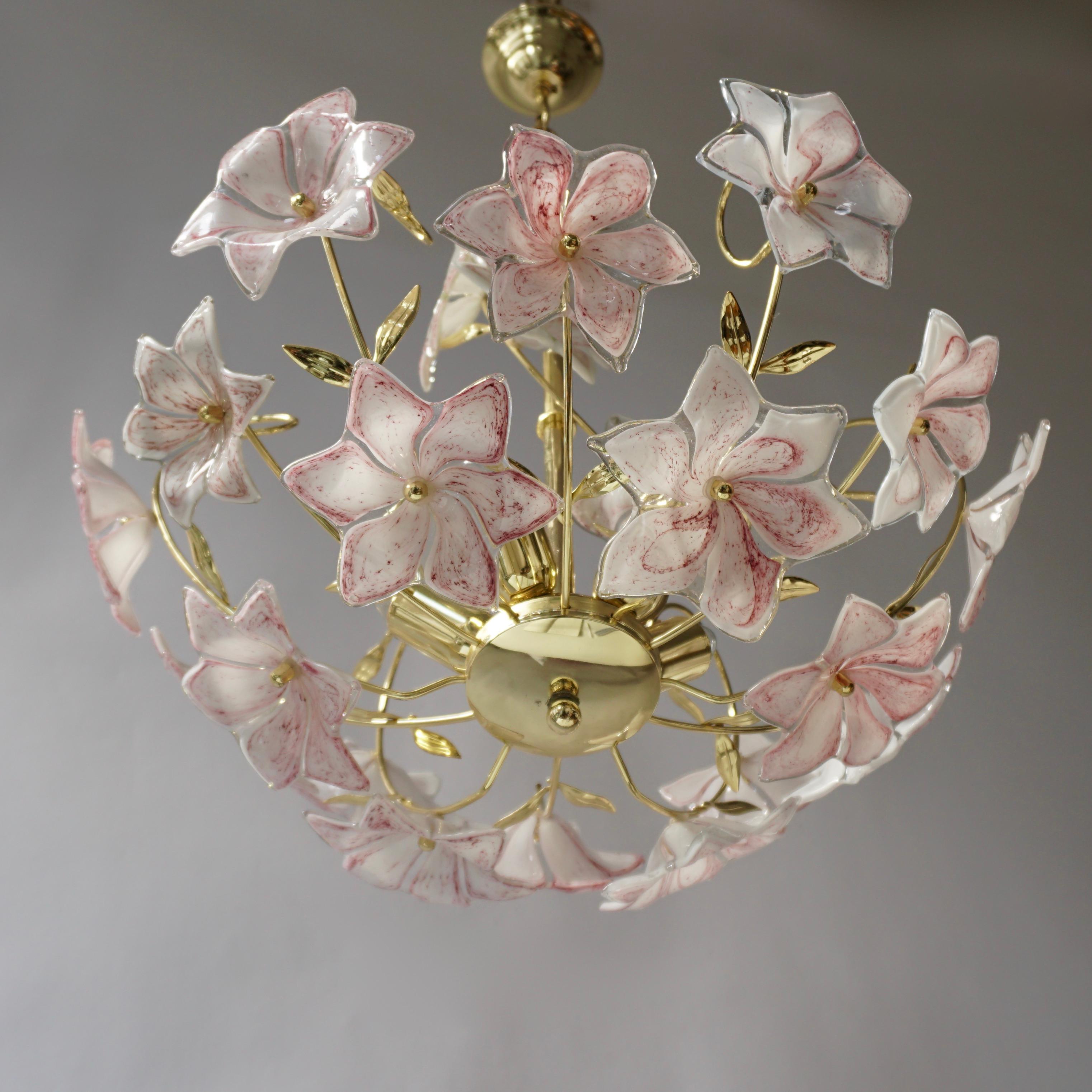 Italian Brass Chandelier with White Pink Colored Murano Glass Flowers 1