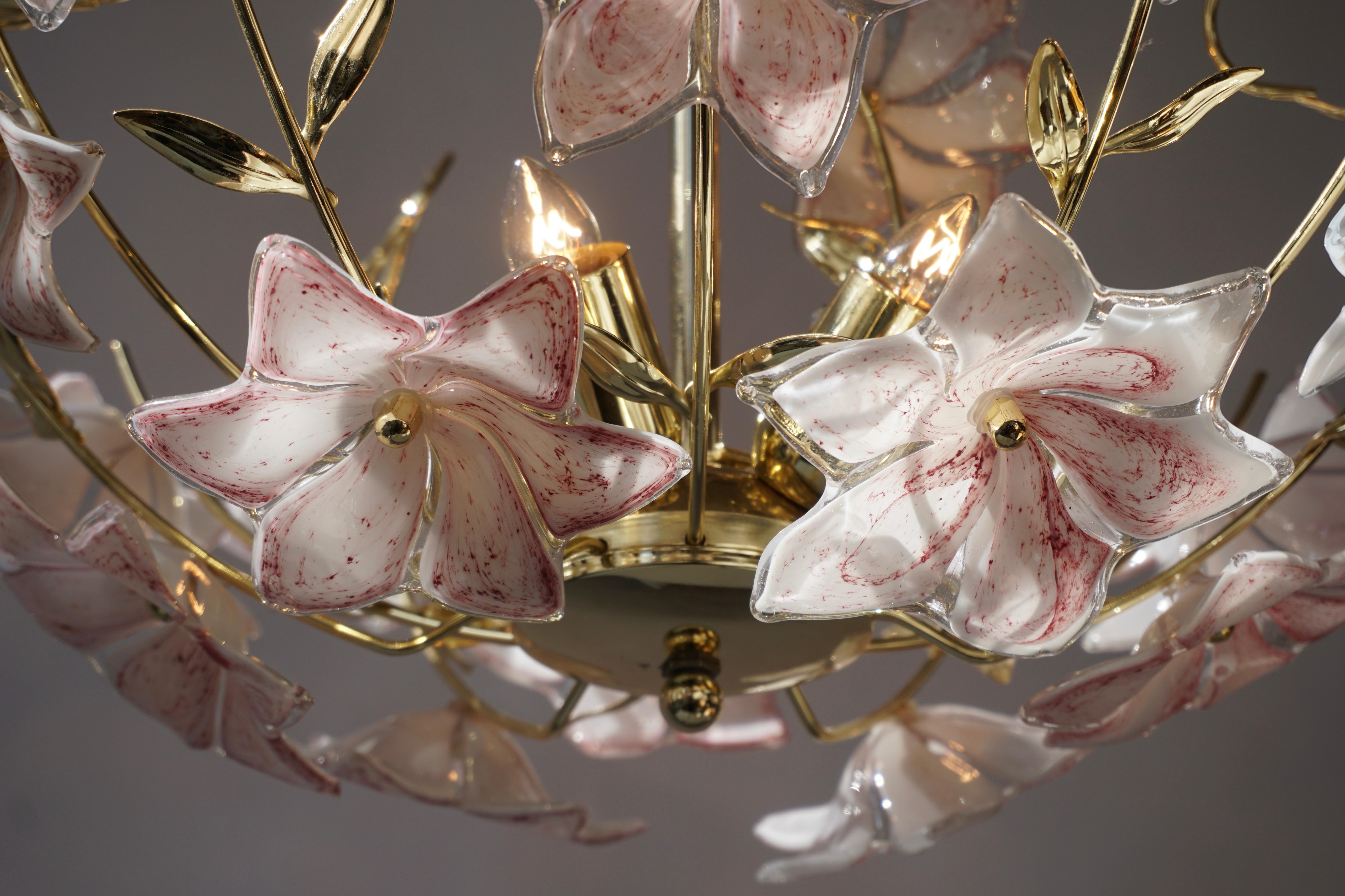 Italian Brass Chandelier with White Pink Colored Murano Glass Flowers 2