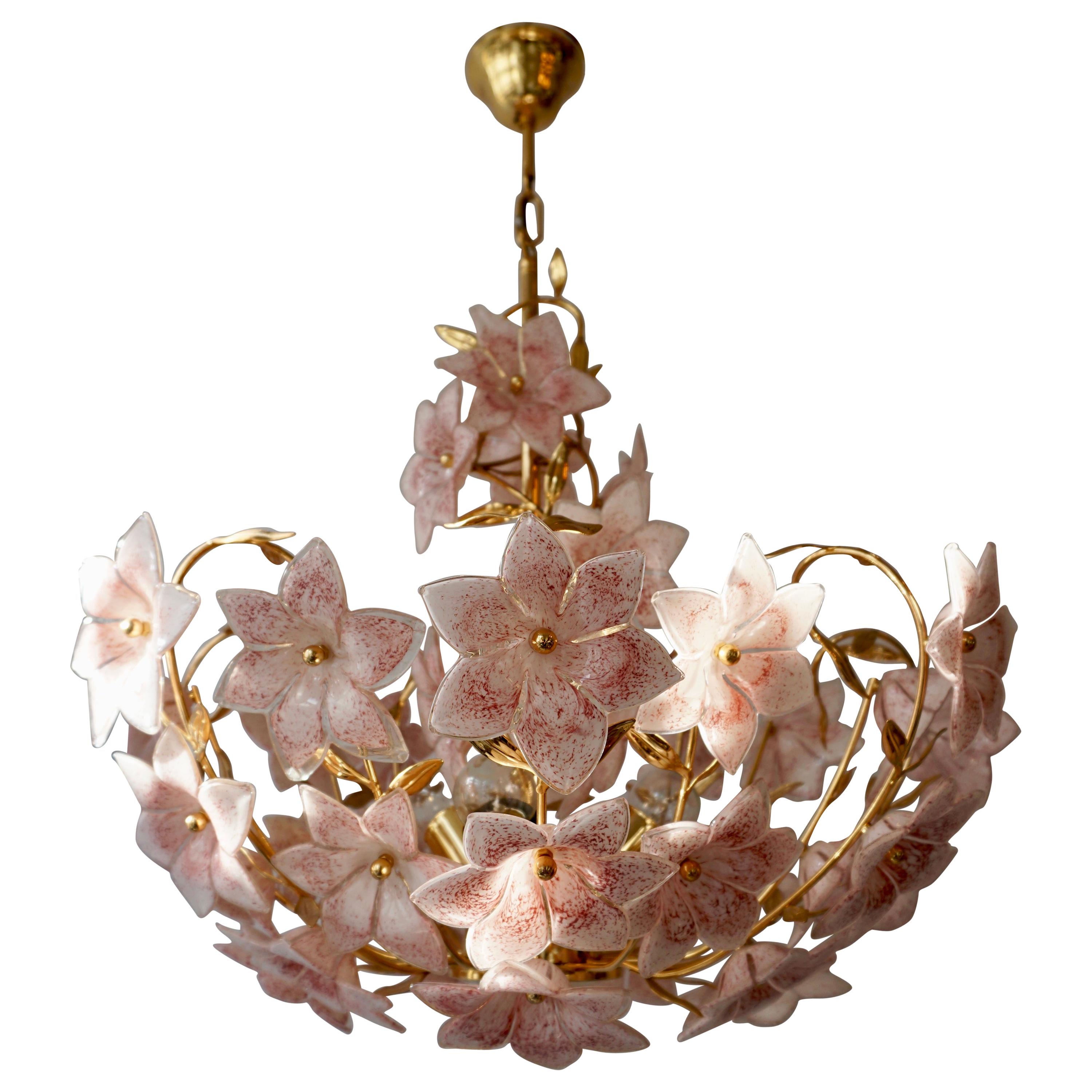 Italian Brass Chandelier with White Pink Colored Murano Glass Flowers