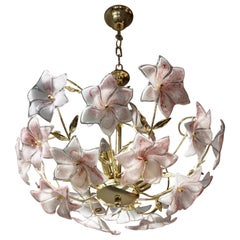 Italian Brass Chandelier with White Pink Colored Murano Glass Flowers