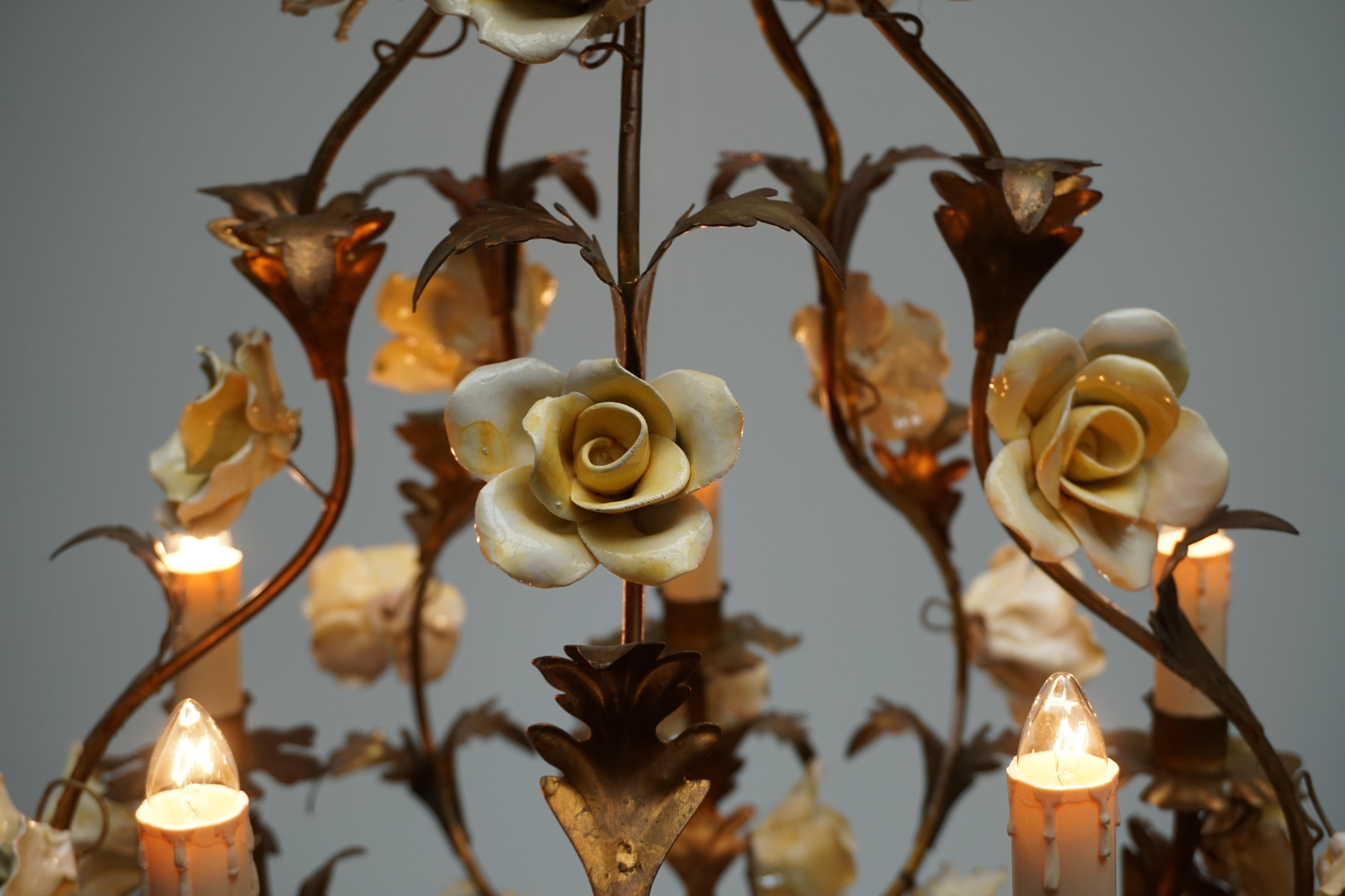 Italian Brass Tole Chandelier with Yellow Porcelain Flowers For Sale 3