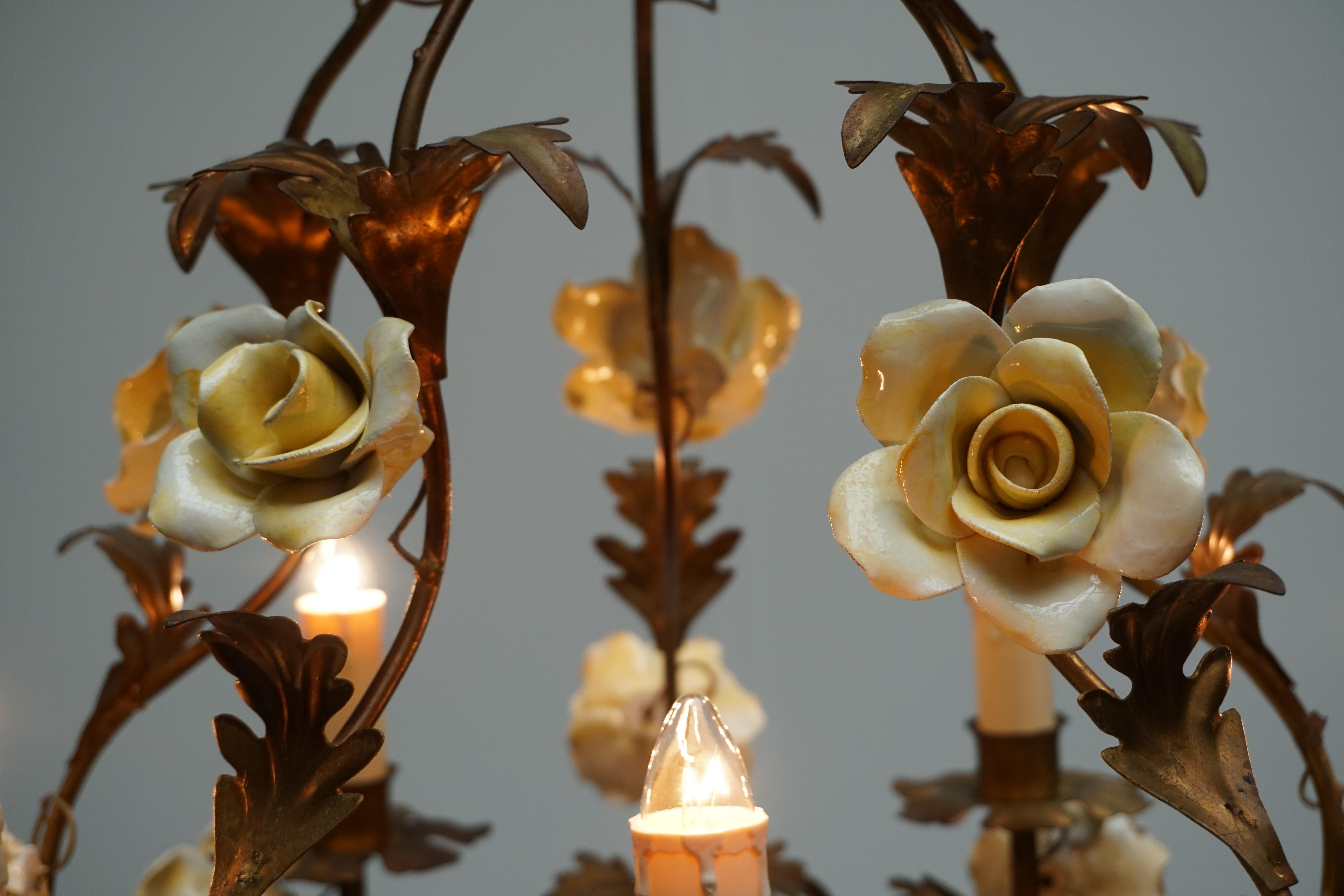 Italian Brass Tole Chandelier with Yellow Porcelain Flowers For Sale 6