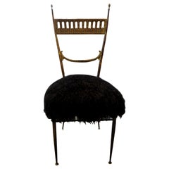 Italian Brass Chiavari Chair Upholstered in Black Mongolian Lambs Wool
