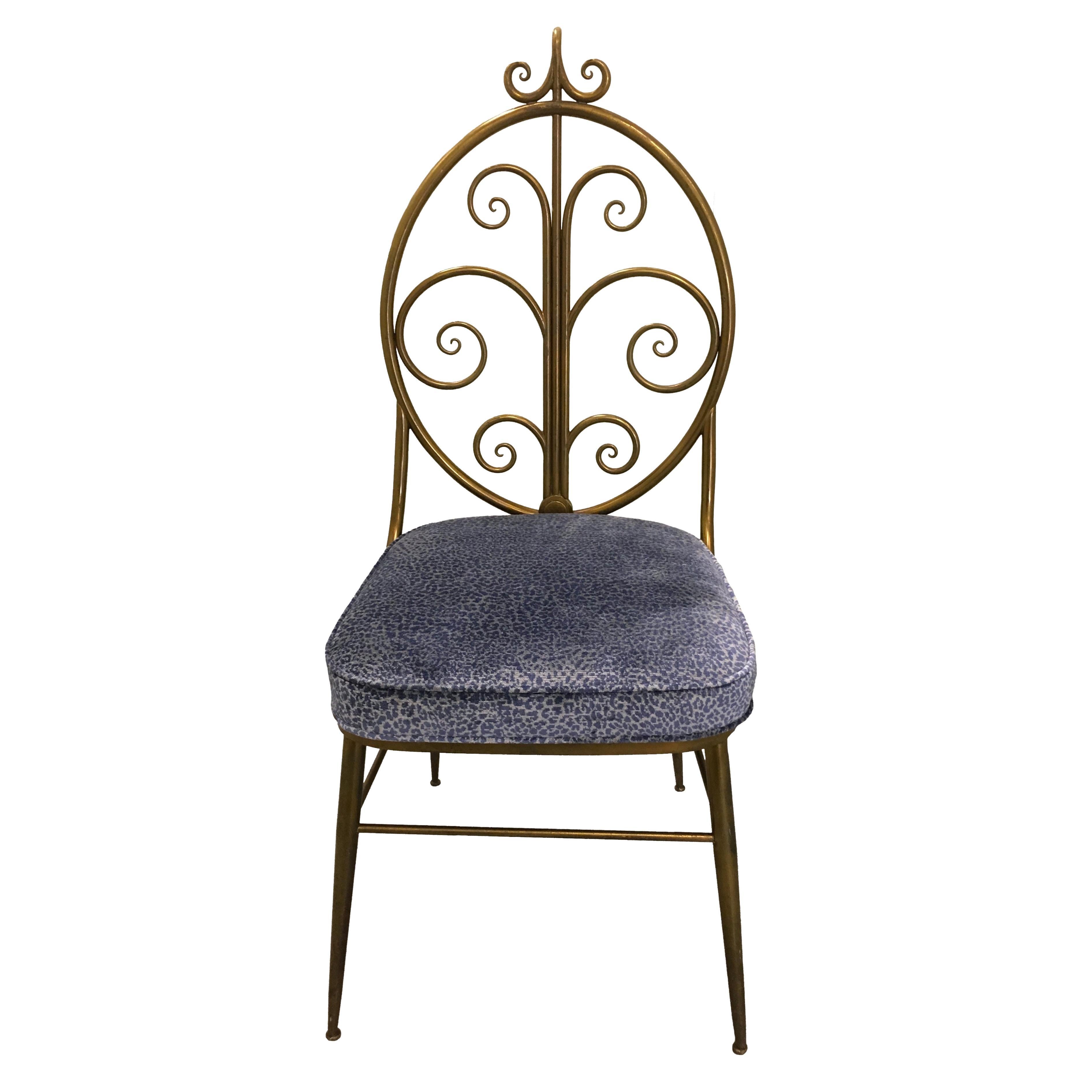 Italian Brass Chiavari Chair with Blue Leopard Upholstery