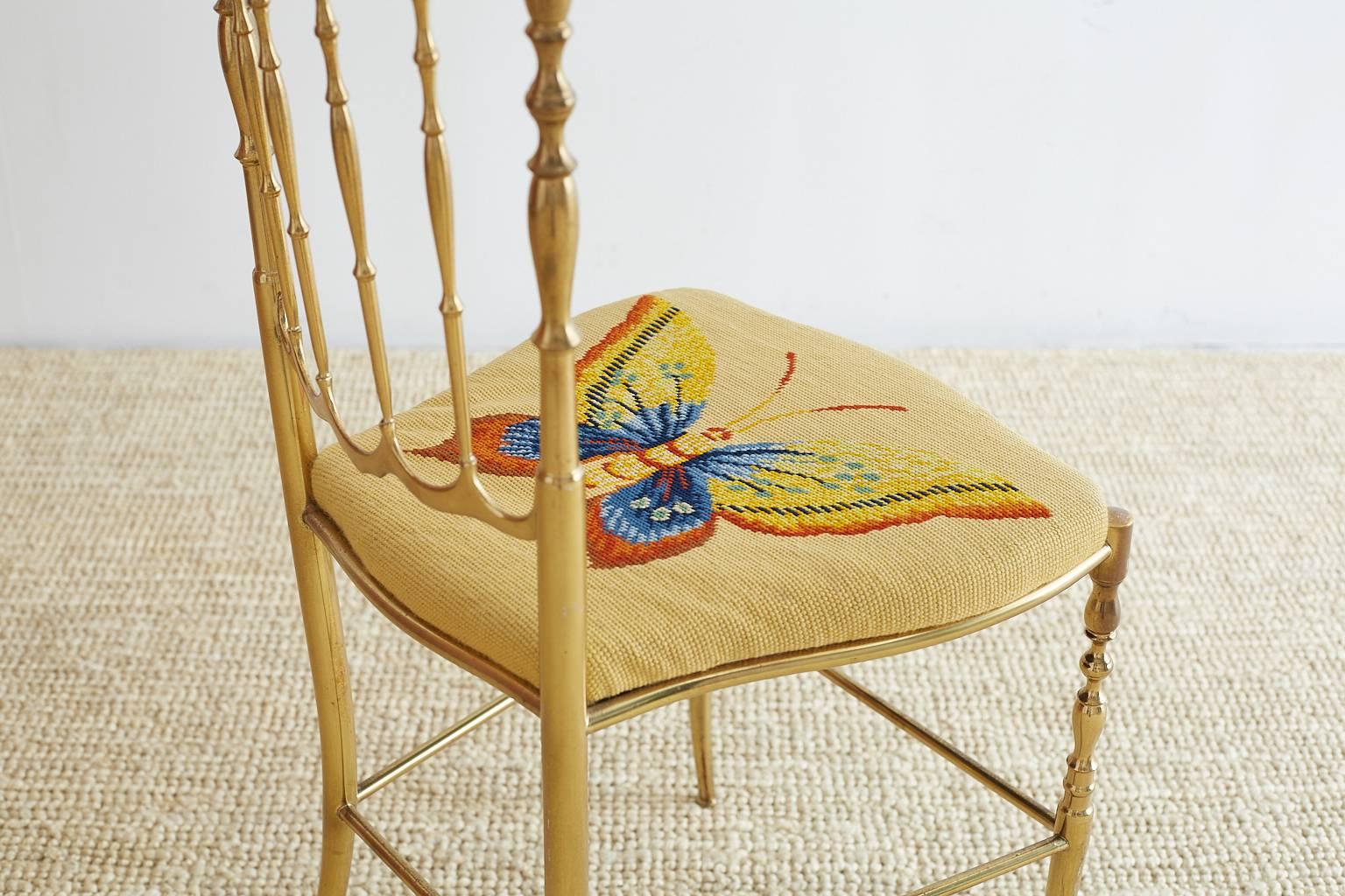 Italian Brass Chiavari Chair with Needlepoint Butterfly 4