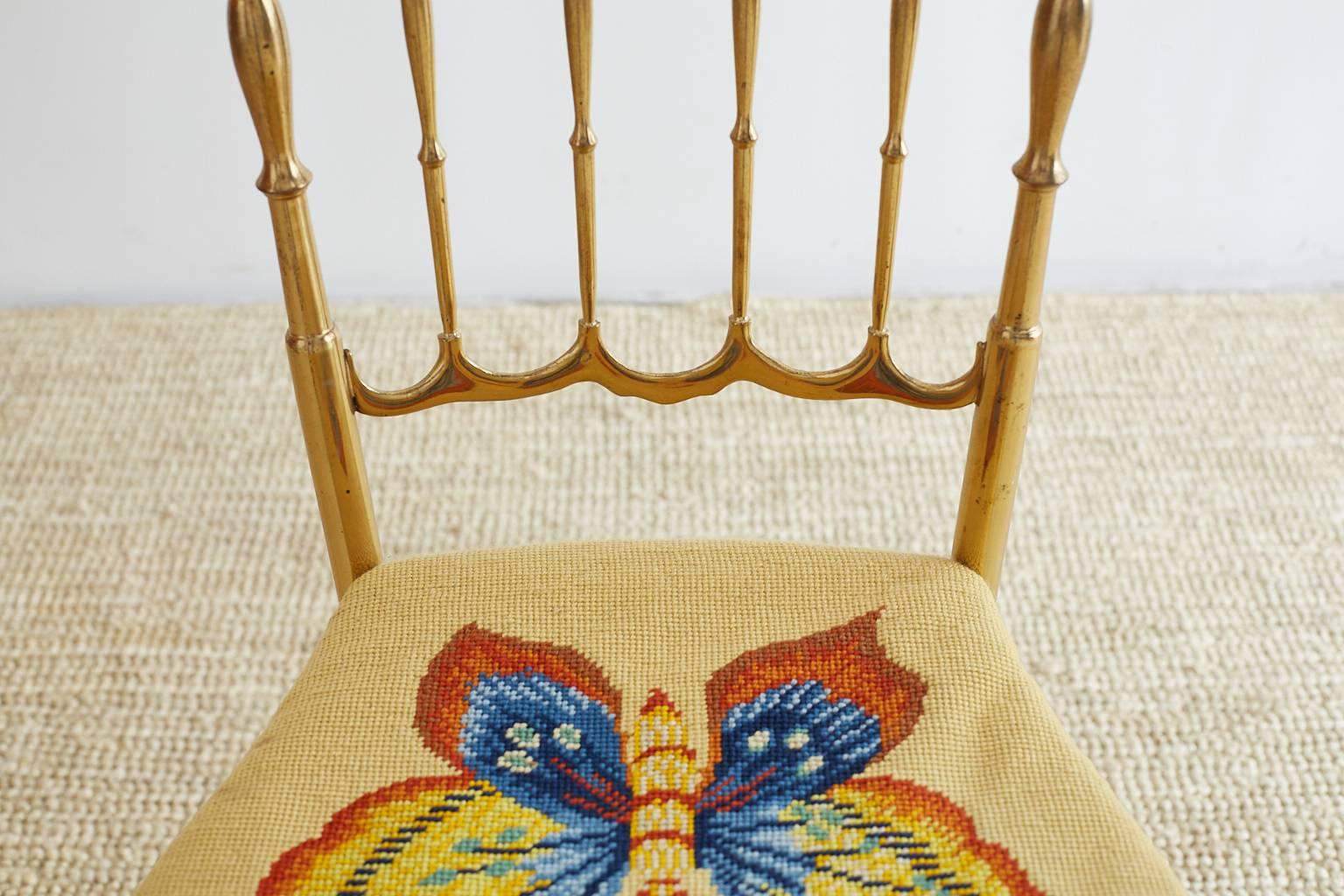 Italian Brass Chiavari Chair with Needlepoint Butterfly 6