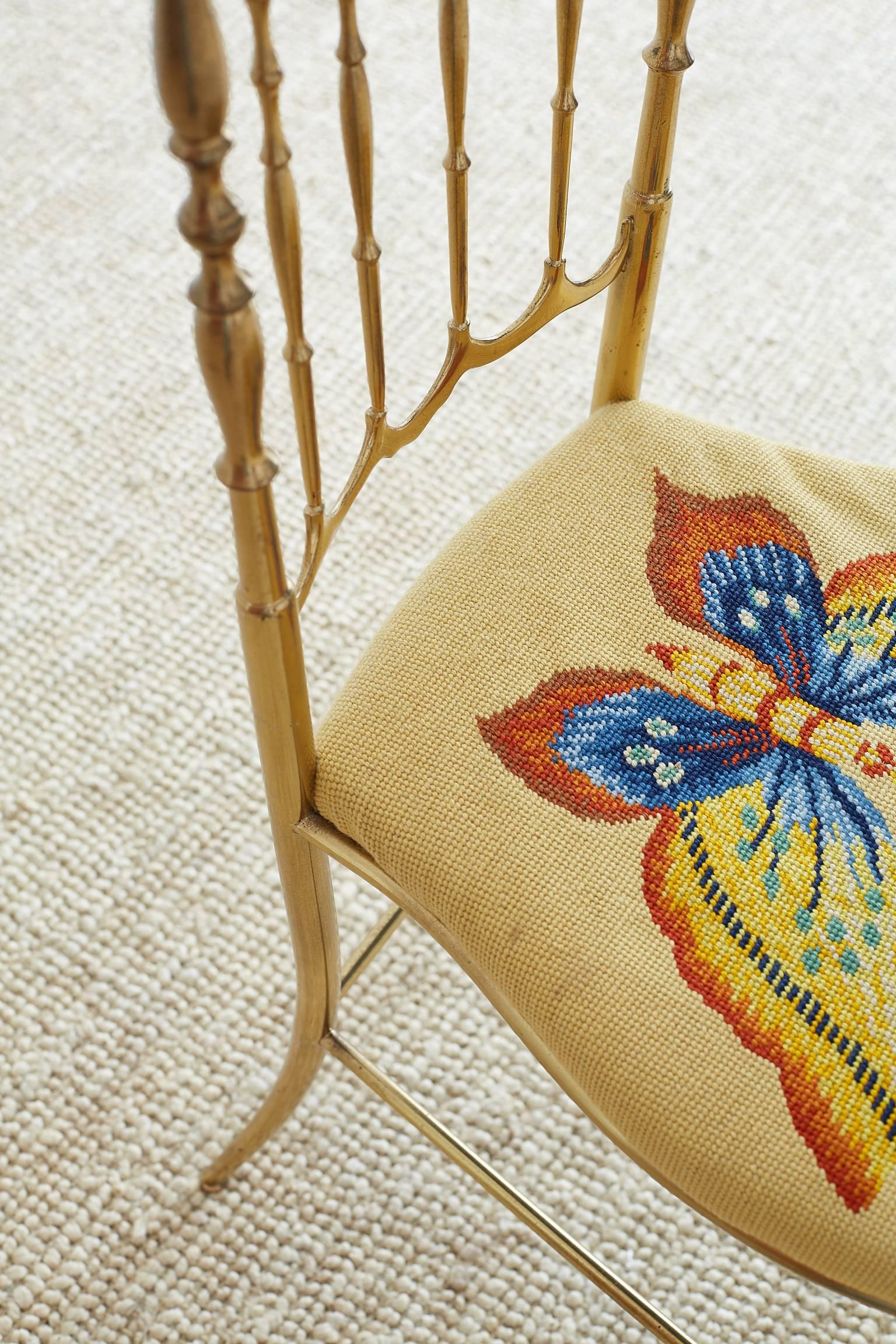 Italian Brass Chiavari Chair with Needlepoint Butterfly 7