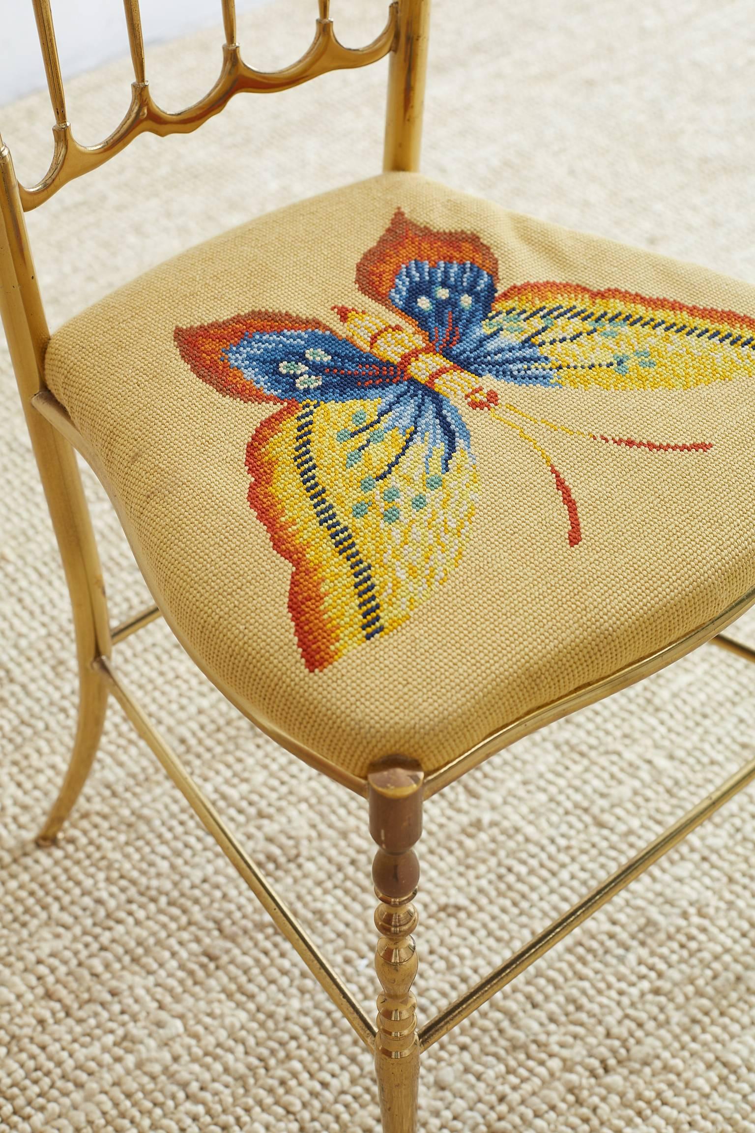 Italian Brass Chiavari Chair with Needlepoint Butterfly 8