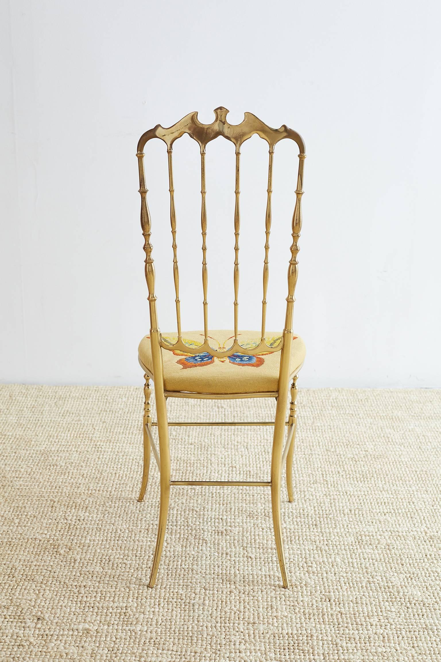 Italian Brass Chiavari Chair with Needlepoint Butterfly 9