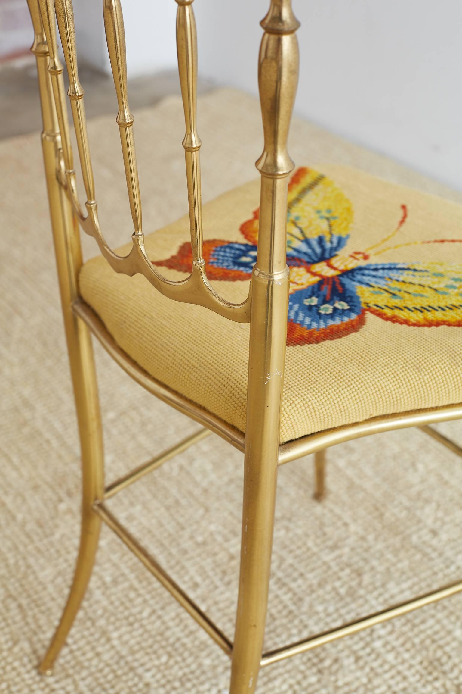 Italian Brass Chiavari Chair with Needlepoint Butterfly 10