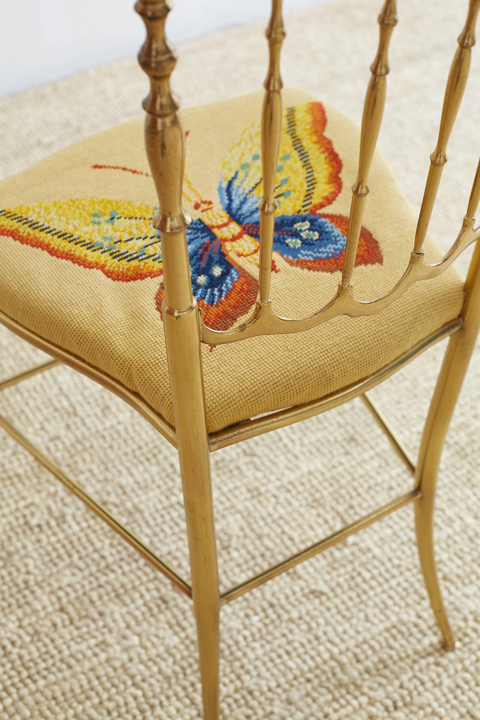 Italian Brass Chiavari Chair with Needlepoint Butterfly 11