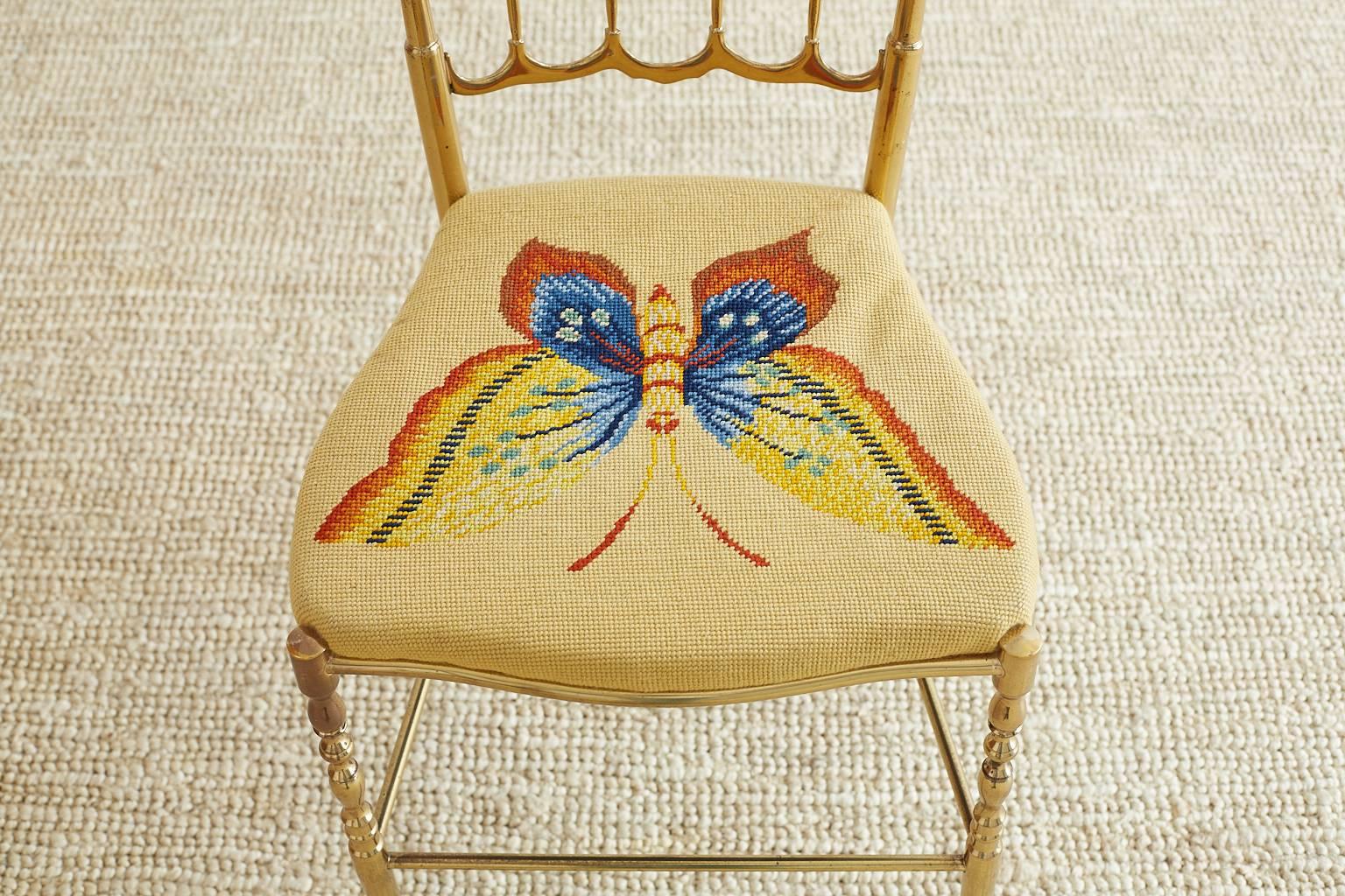 Italian Brass Chiavari Chair with Needlepoint Butterfly 13