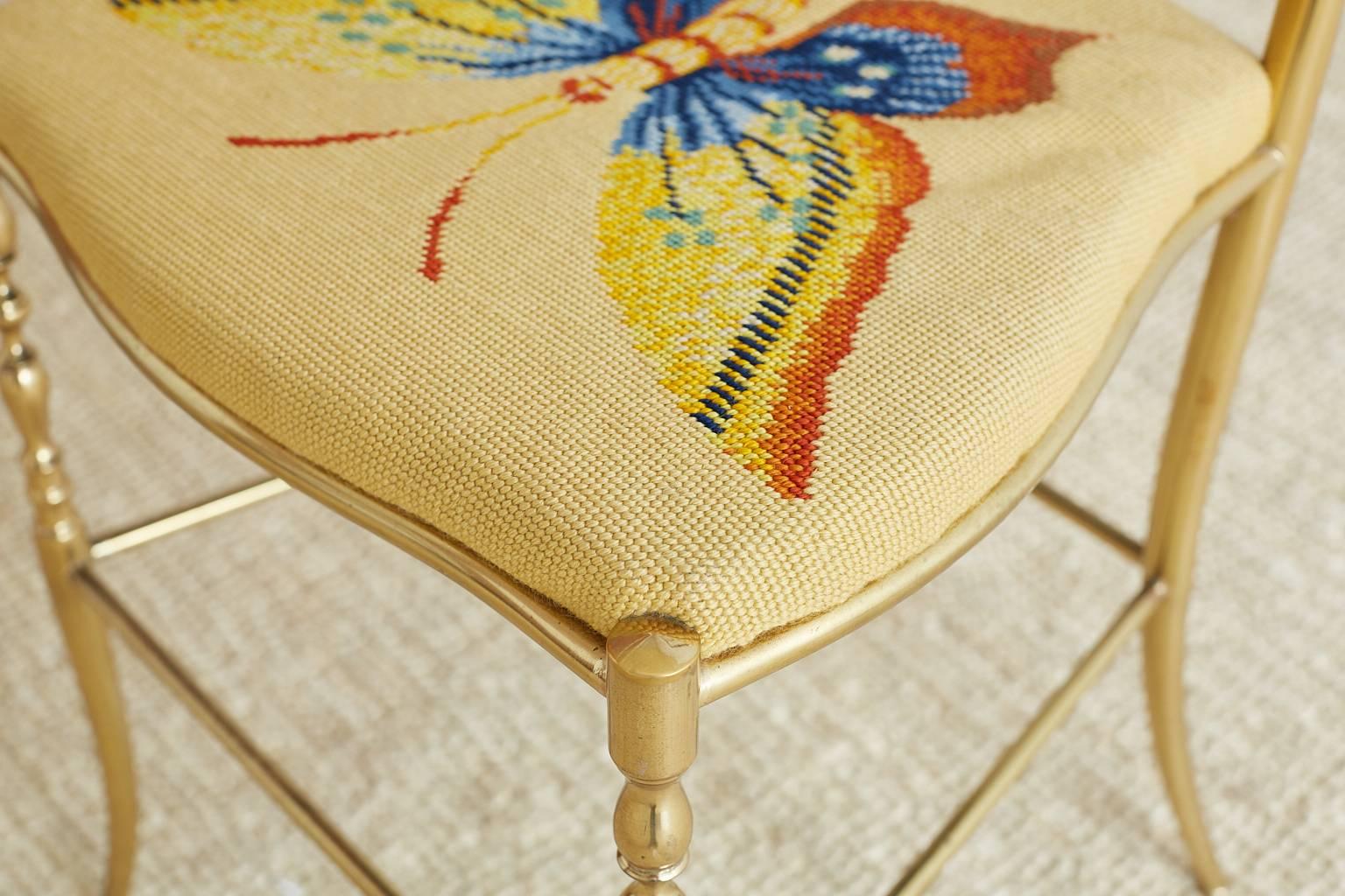 Italian Brass Chiavari Chair with Needlepoint Butterfly 14