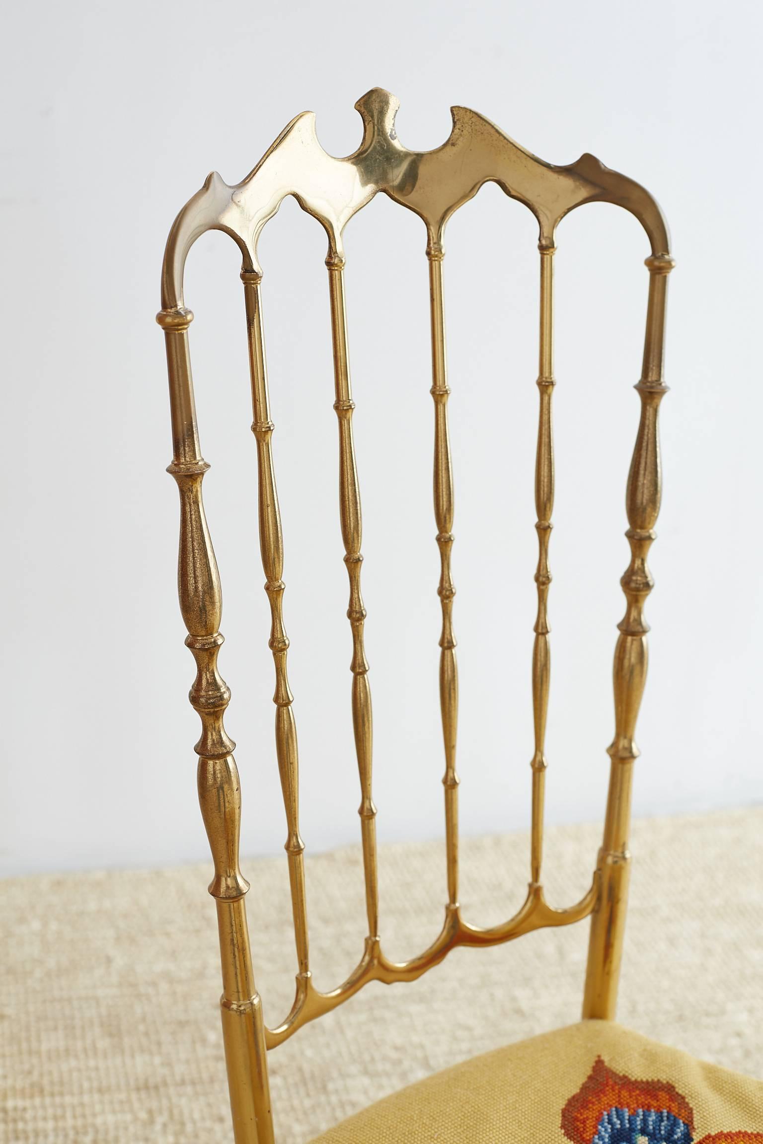 Hollywood Regency Italian Brass Chiavari Chair with Needlepoint Butterfly