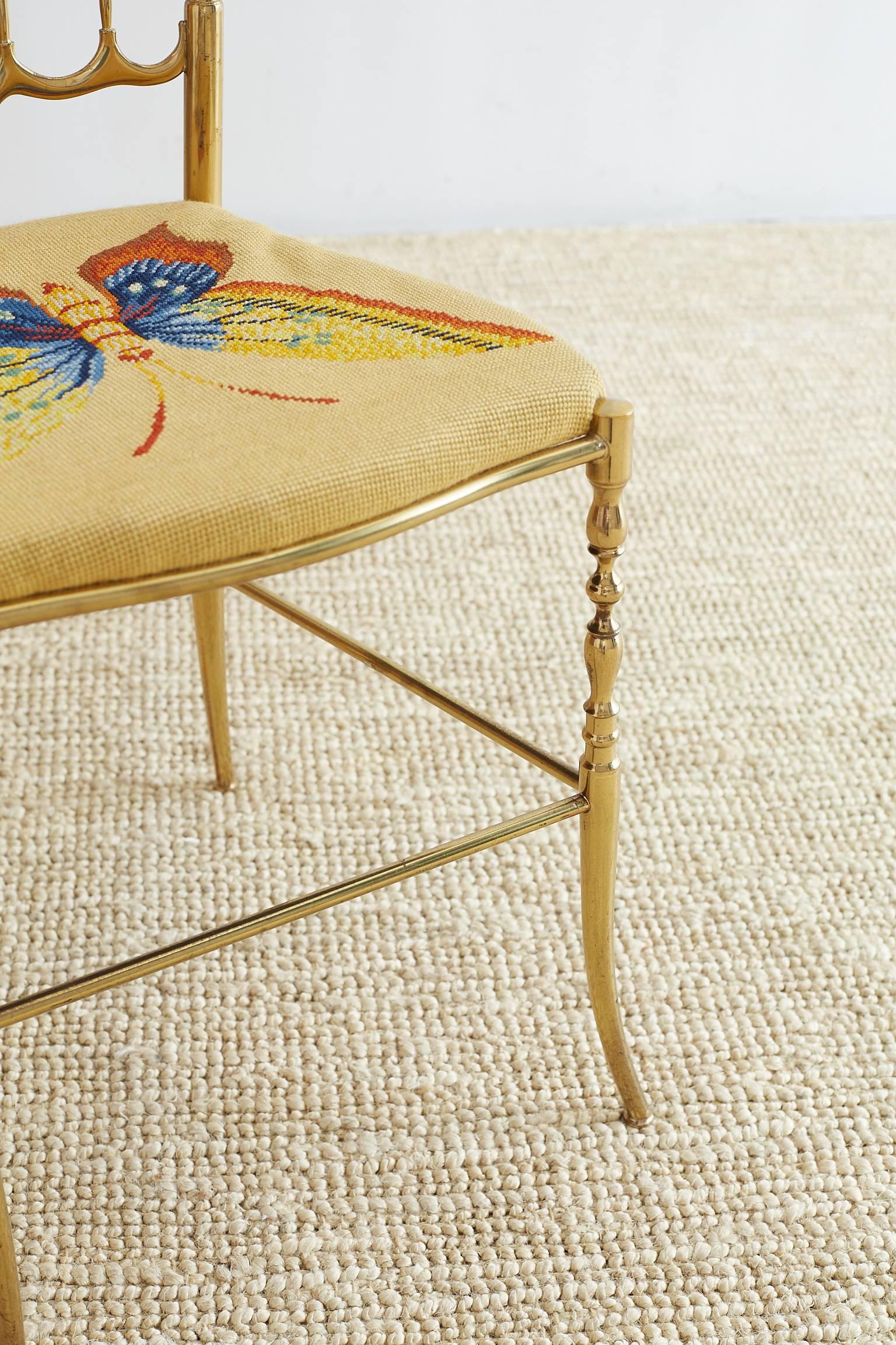 Polished Italian Brass Chiavari Chair with Needlepoint Butterfly