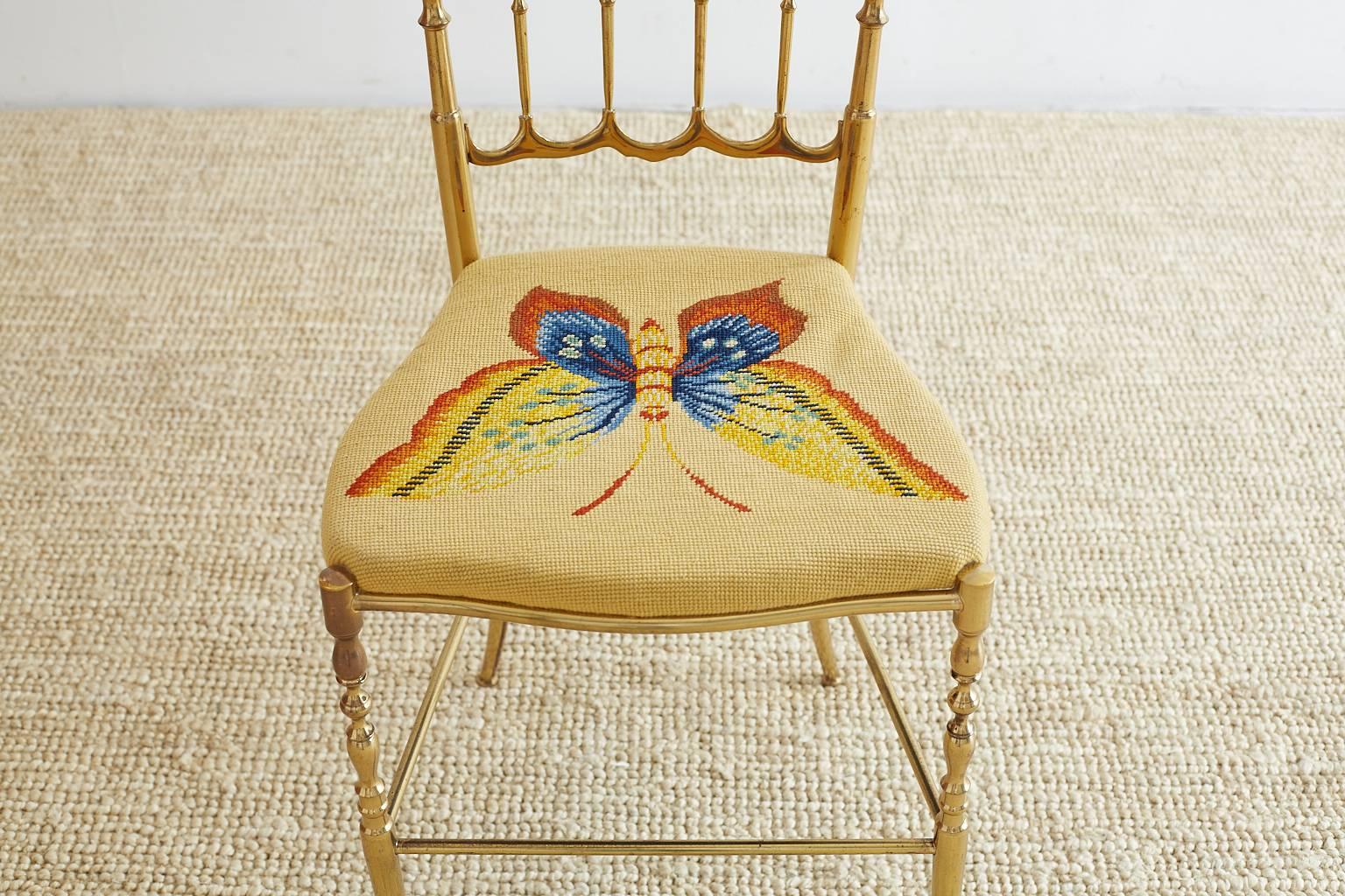 Italian Brass Chiavari Chair with Needlepoint Butterfly In Excellent Condition In Rio Vista, CA