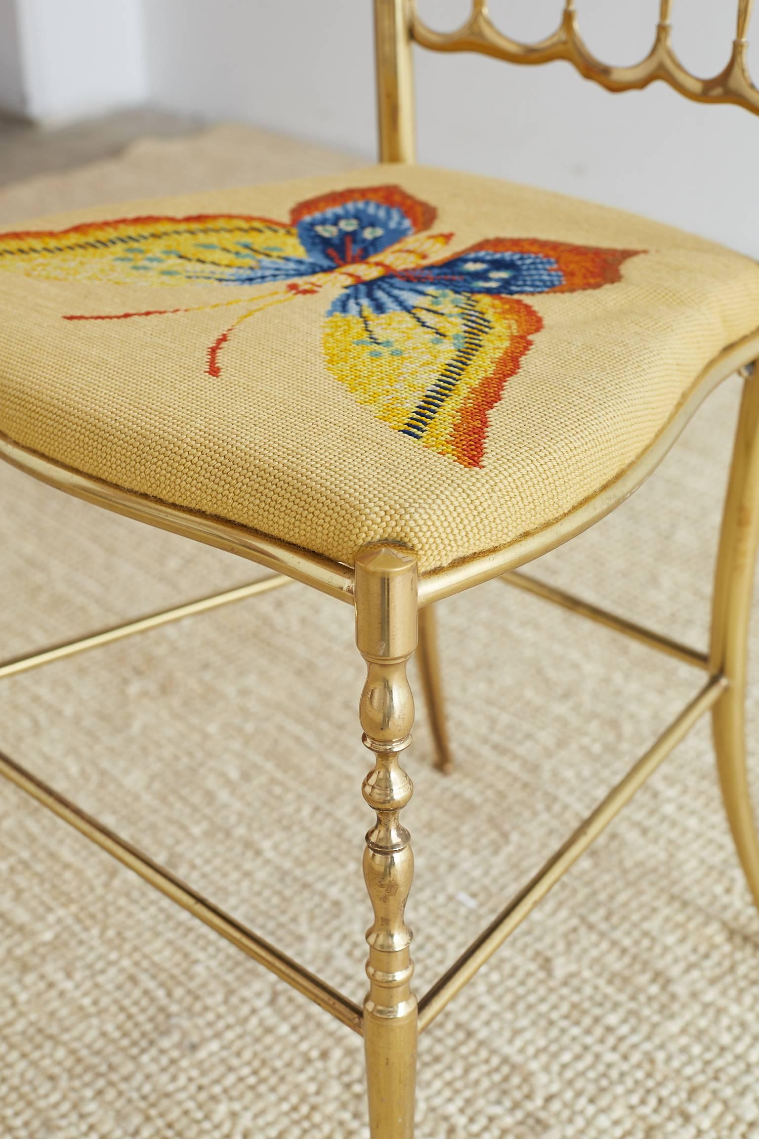 Italian Brass Chiavari Chair with Needlepoint Butterfly 1