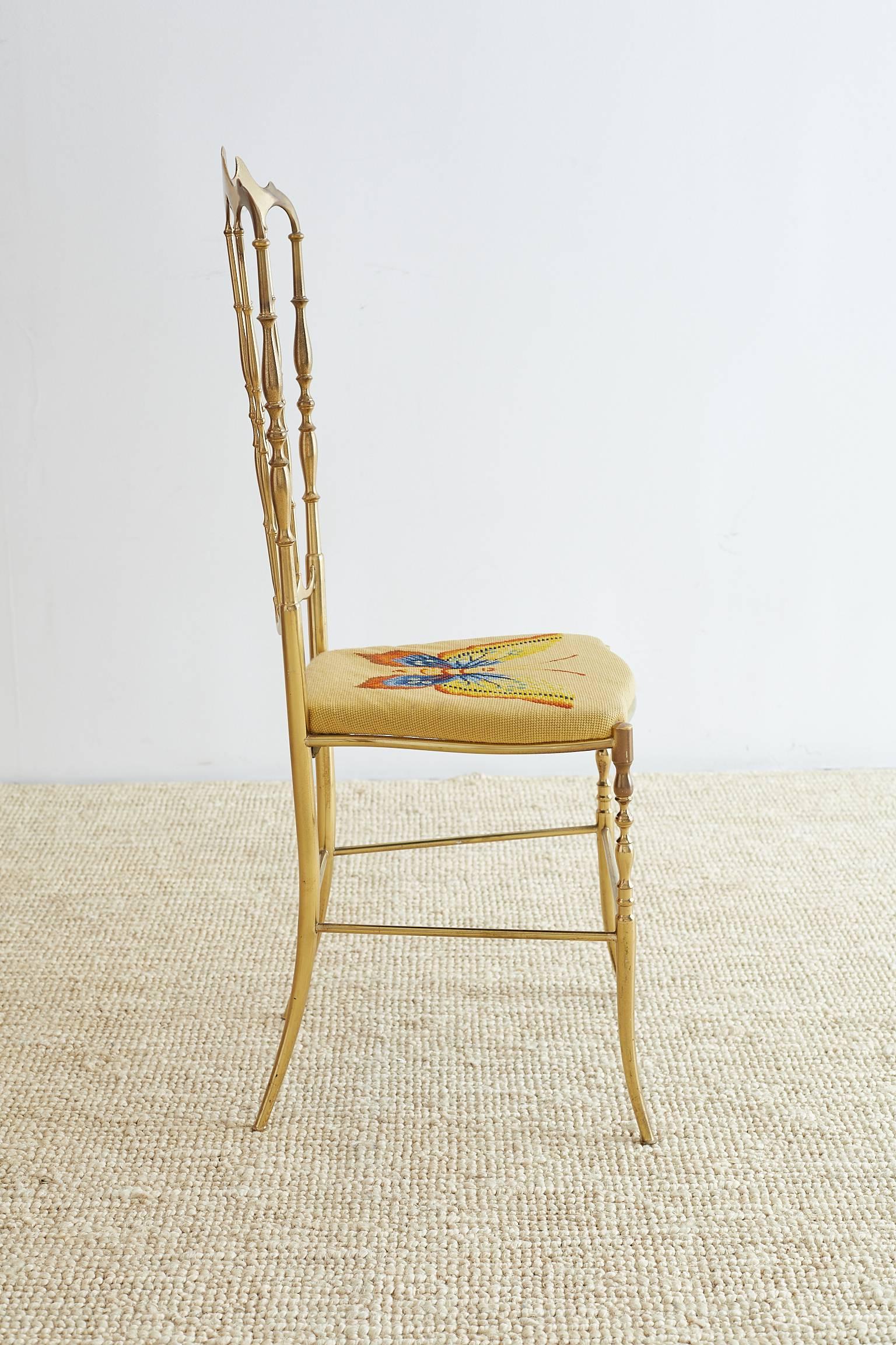 Italian Brass Chiavari Chair with Needlepoint Butterfly 2