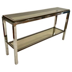 Italian Brass Chrome and Smoked Glass Two Tiered Console Table by Romeo Rega
