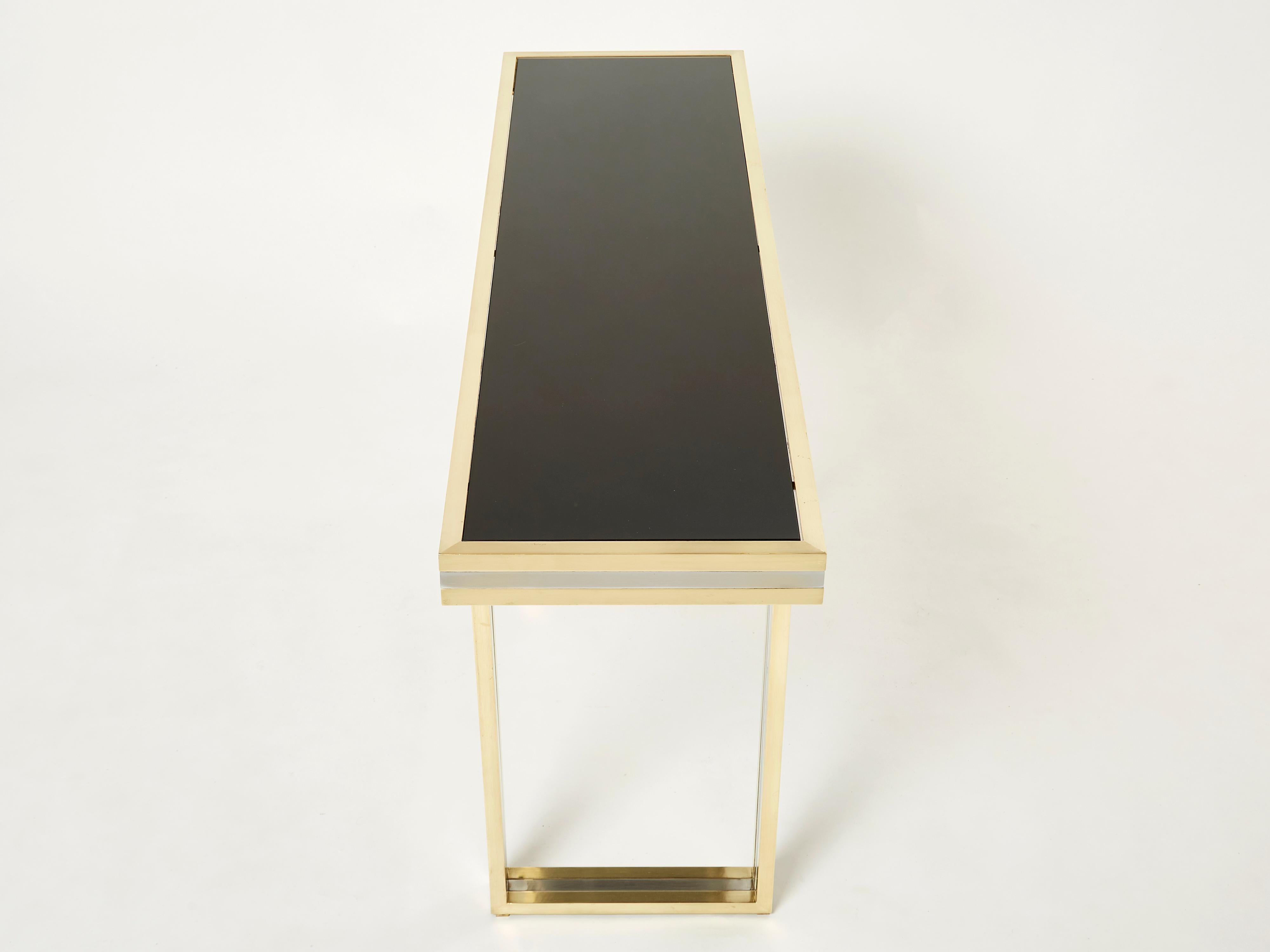 Italian Brass Chrome Black Glass Console Table by Romeo Rega 1970s 2