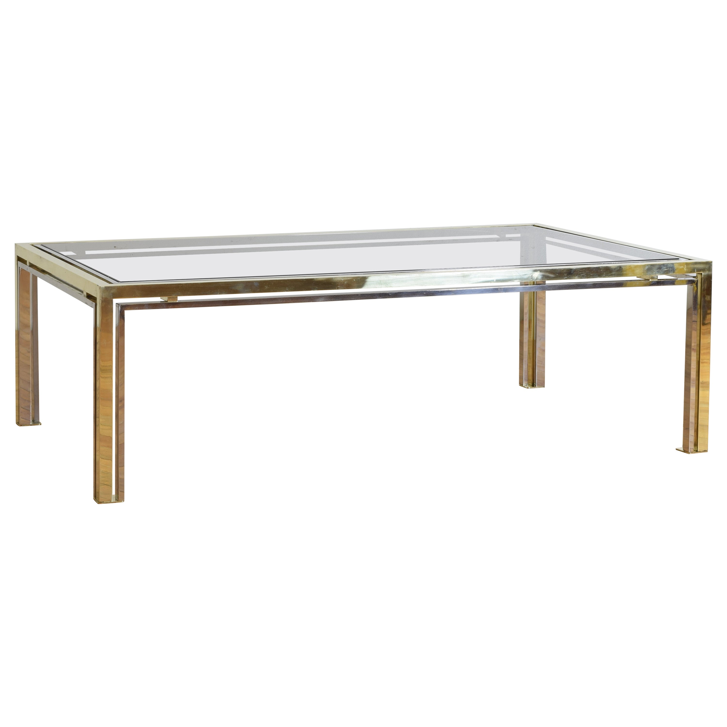 Mesa de centro italiana de latón, cromo y tapa de cristal, ca. 1970